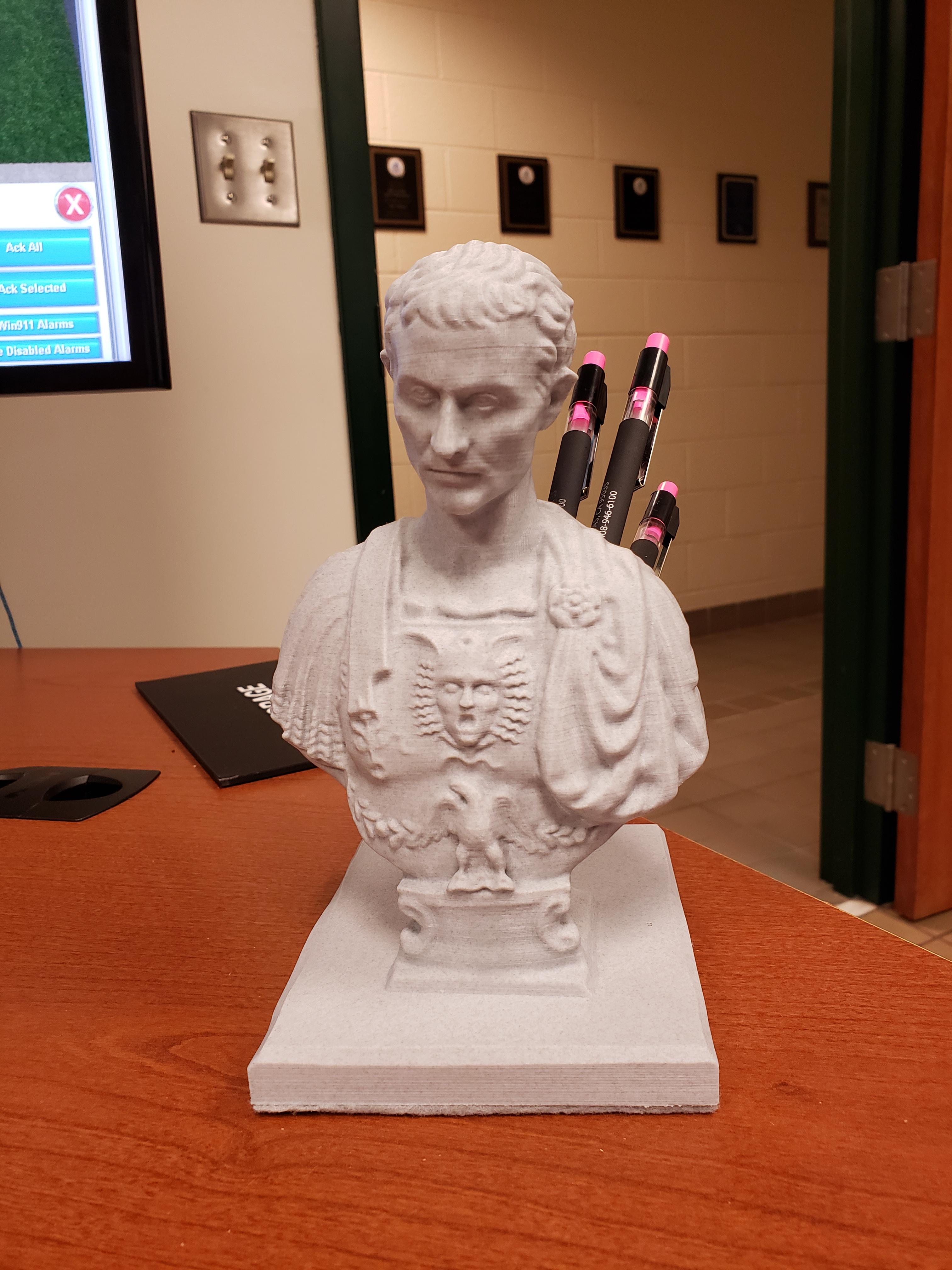 My friend 3D printed me a Julius Caesar pencil holder. r