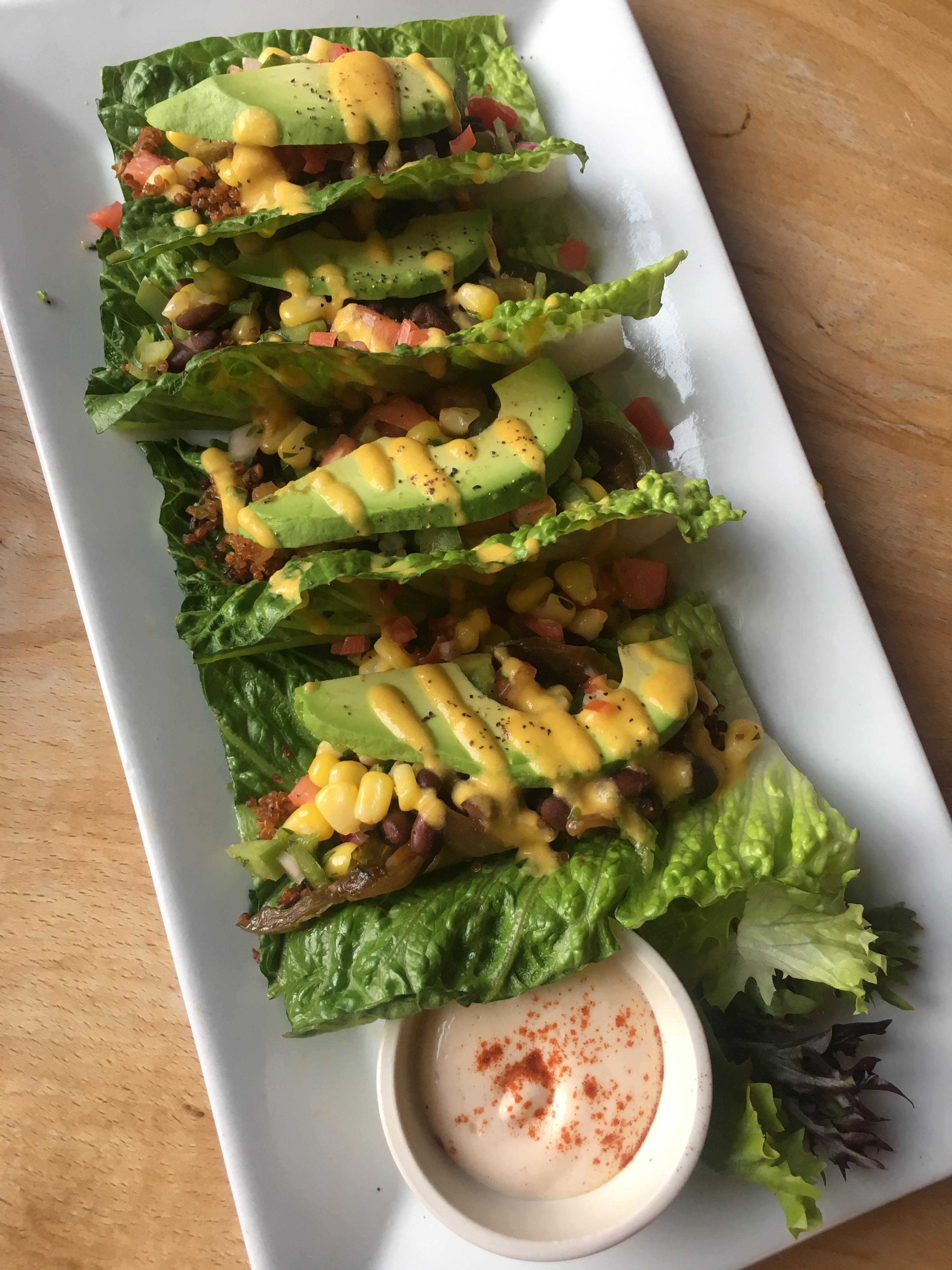 Lettuce leaf tacos with fajitas and a side of chipotle aioli. One of my