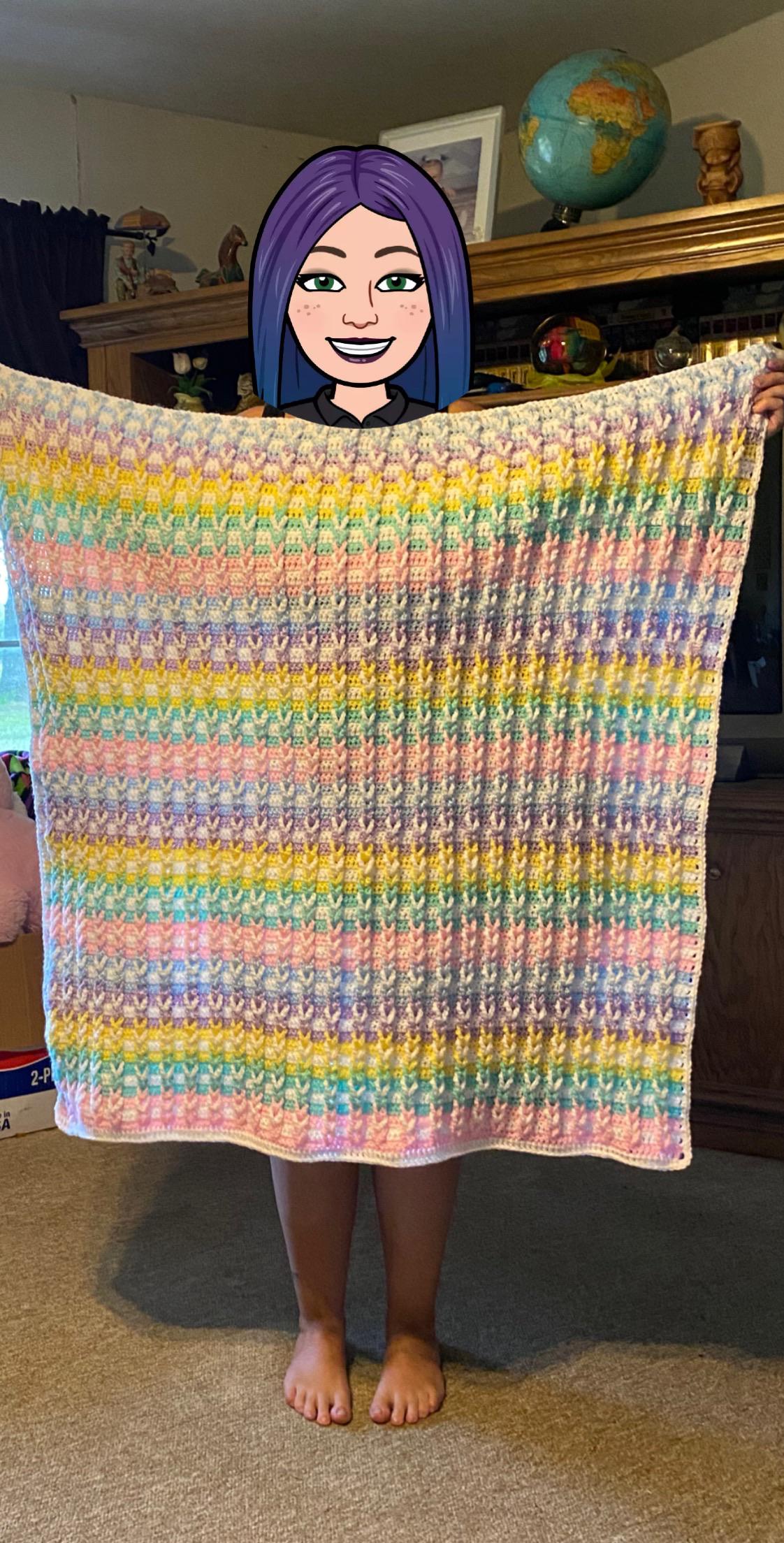 This is my first legitimate blanket I’ve made. I started it April and