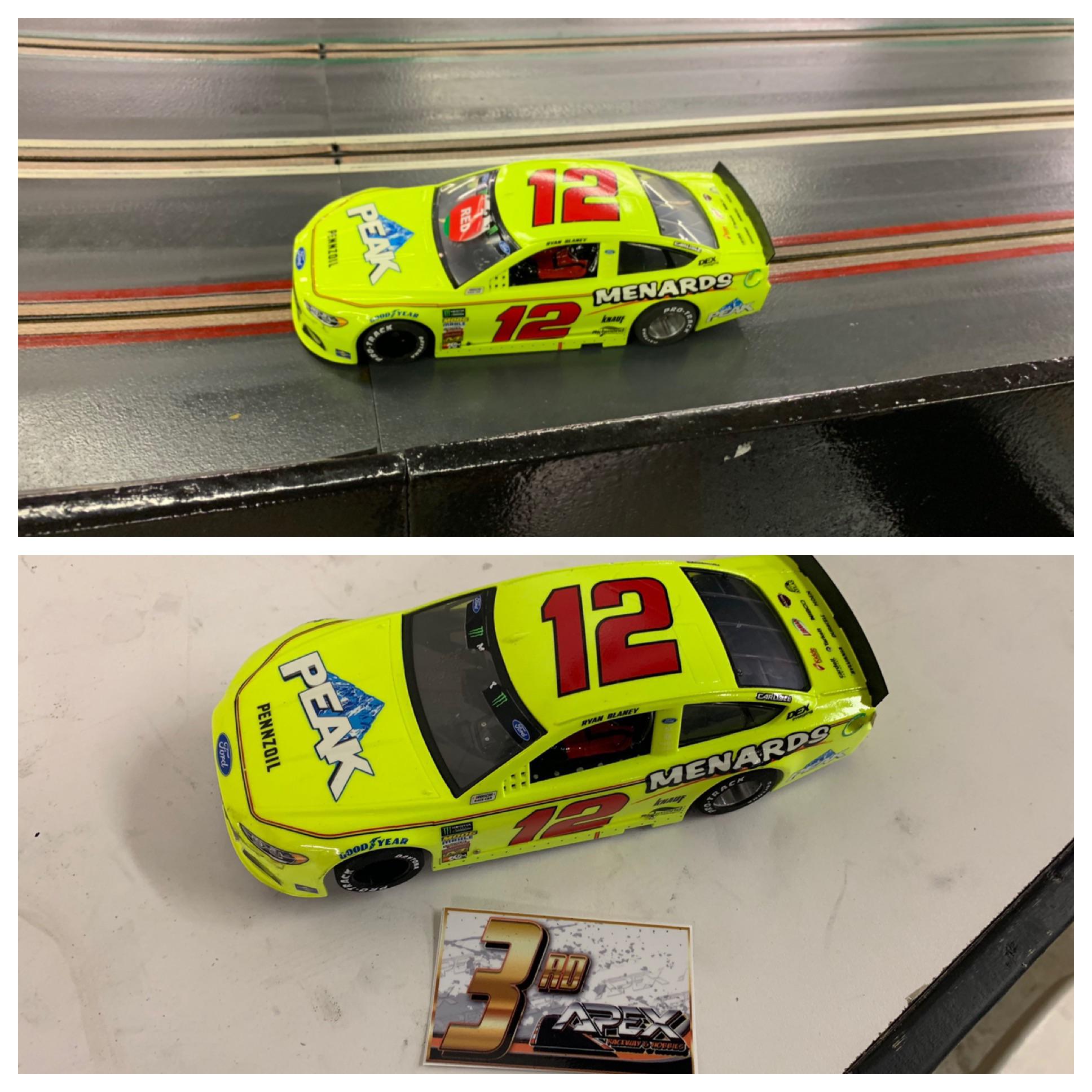 Got my custom Ryan Blaney slot car on the track last night. Finished in