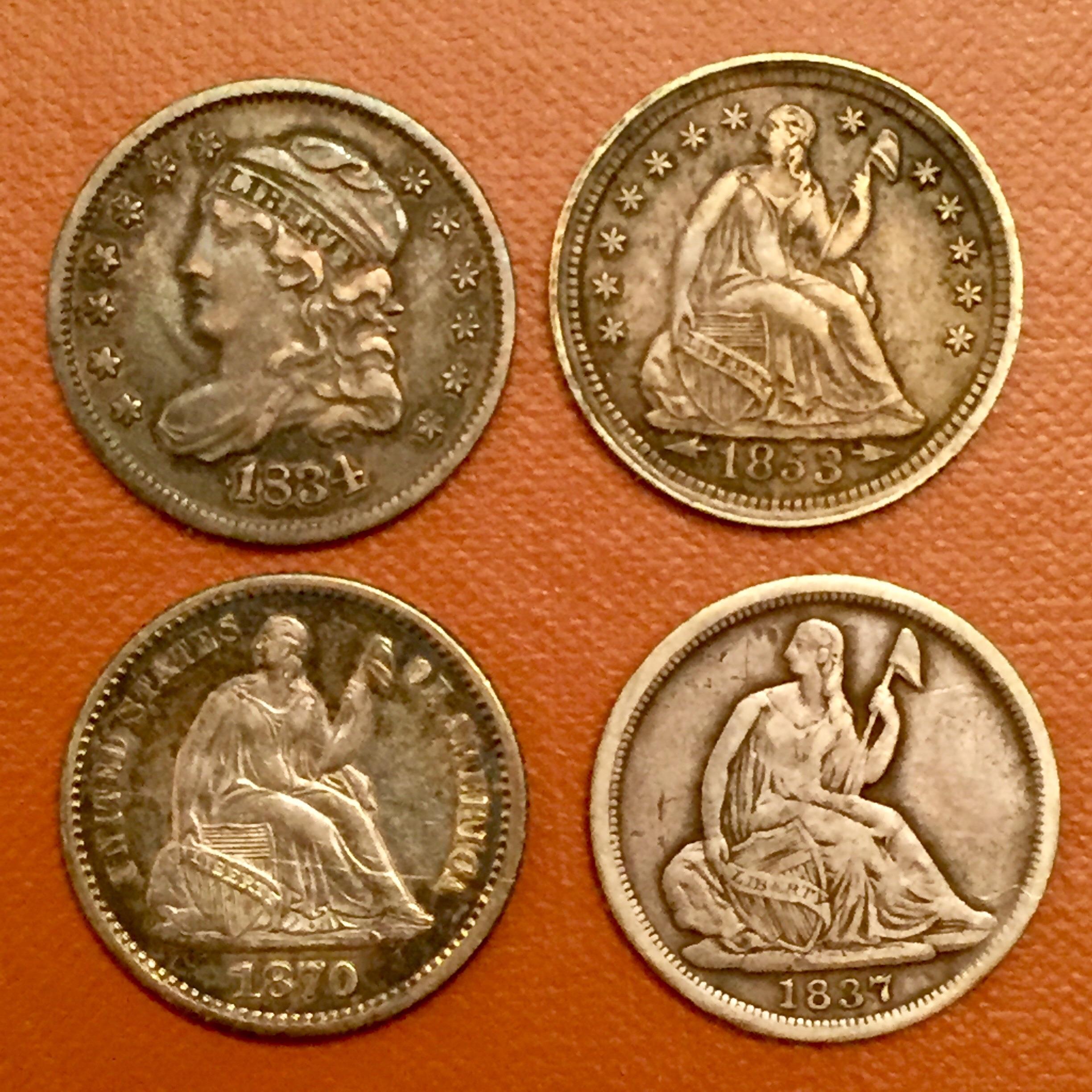 U.S. Type Set, Half Dimes 1834 Capped Bust, 1837 Liberty Seated (no