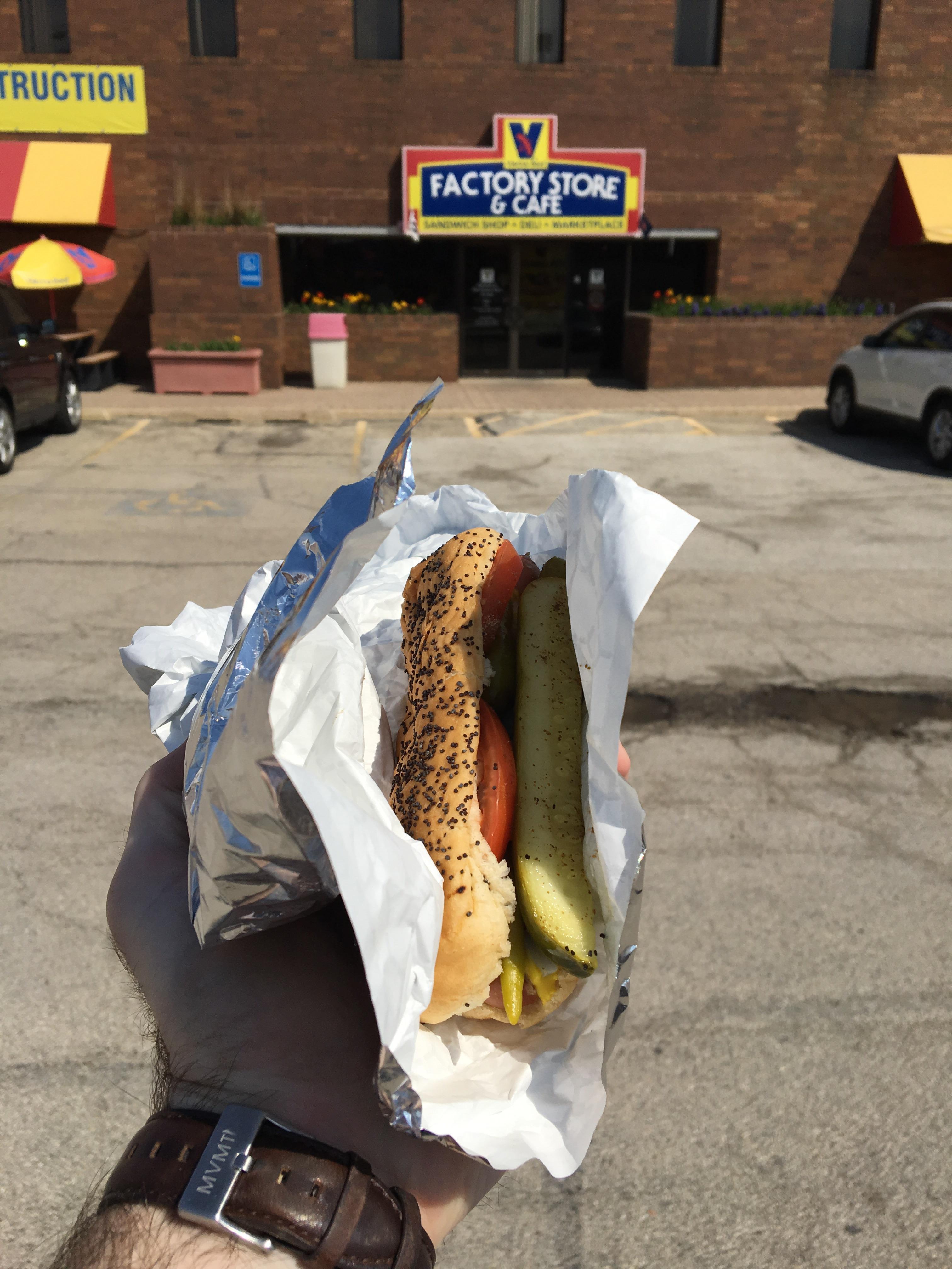 A Chicagostyle hot dog from the Vienna Beef Factory on Elston & Damen