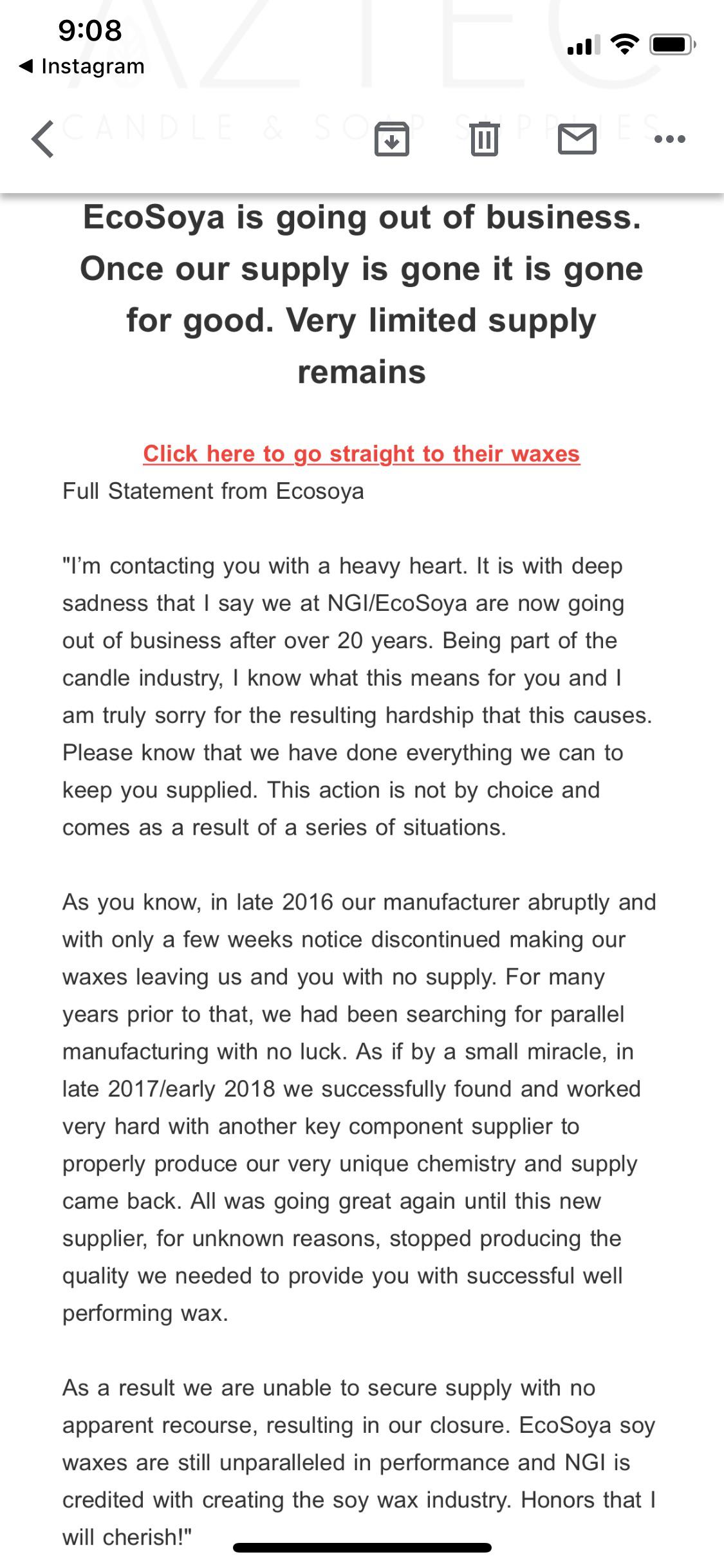 Heads up EcoSoya is going out of business candlemaking