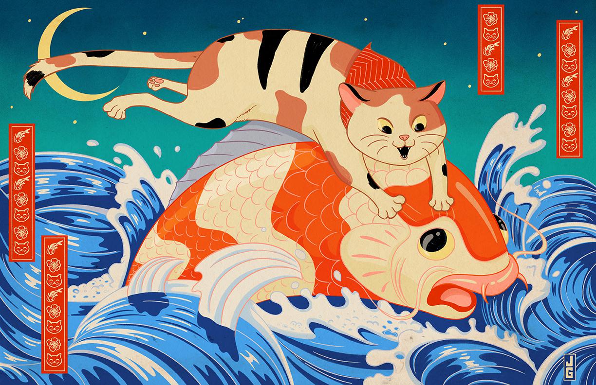 Cat catching a big Koi Fish r/CatDrawings