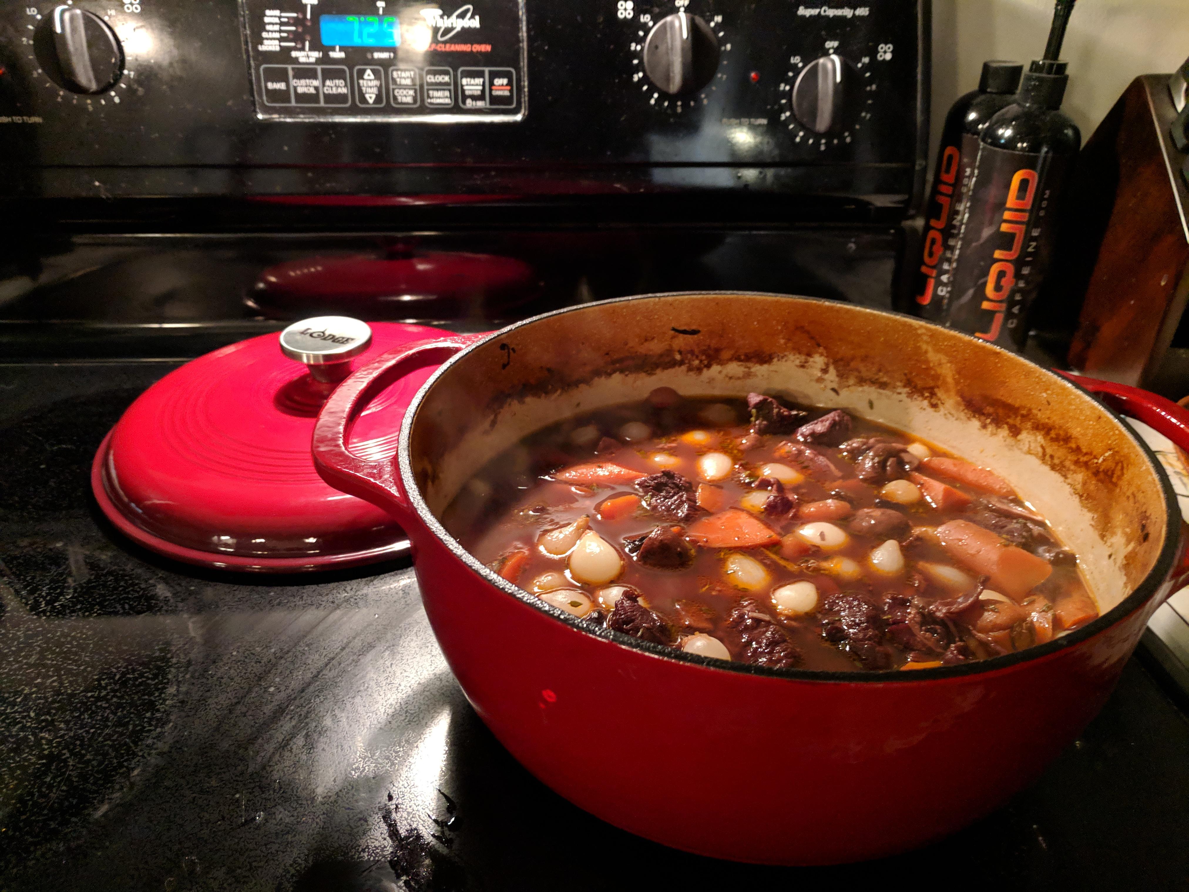 Christened my new Lodge enameled dutch oven with Beef Bourguignon. Because why drink your wine