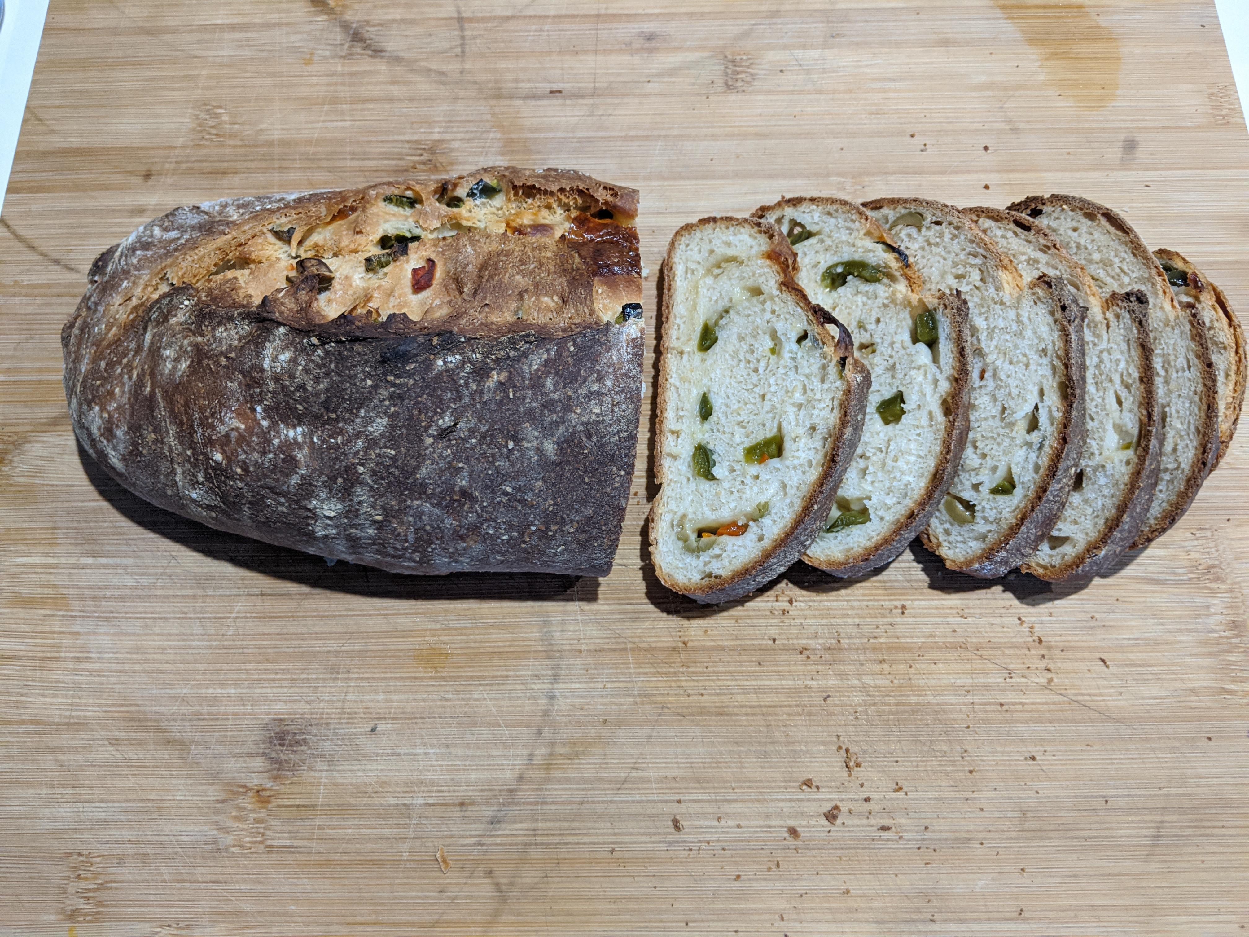 Jalapeno and olive bread I made for a group dinner with friends r/Breadit