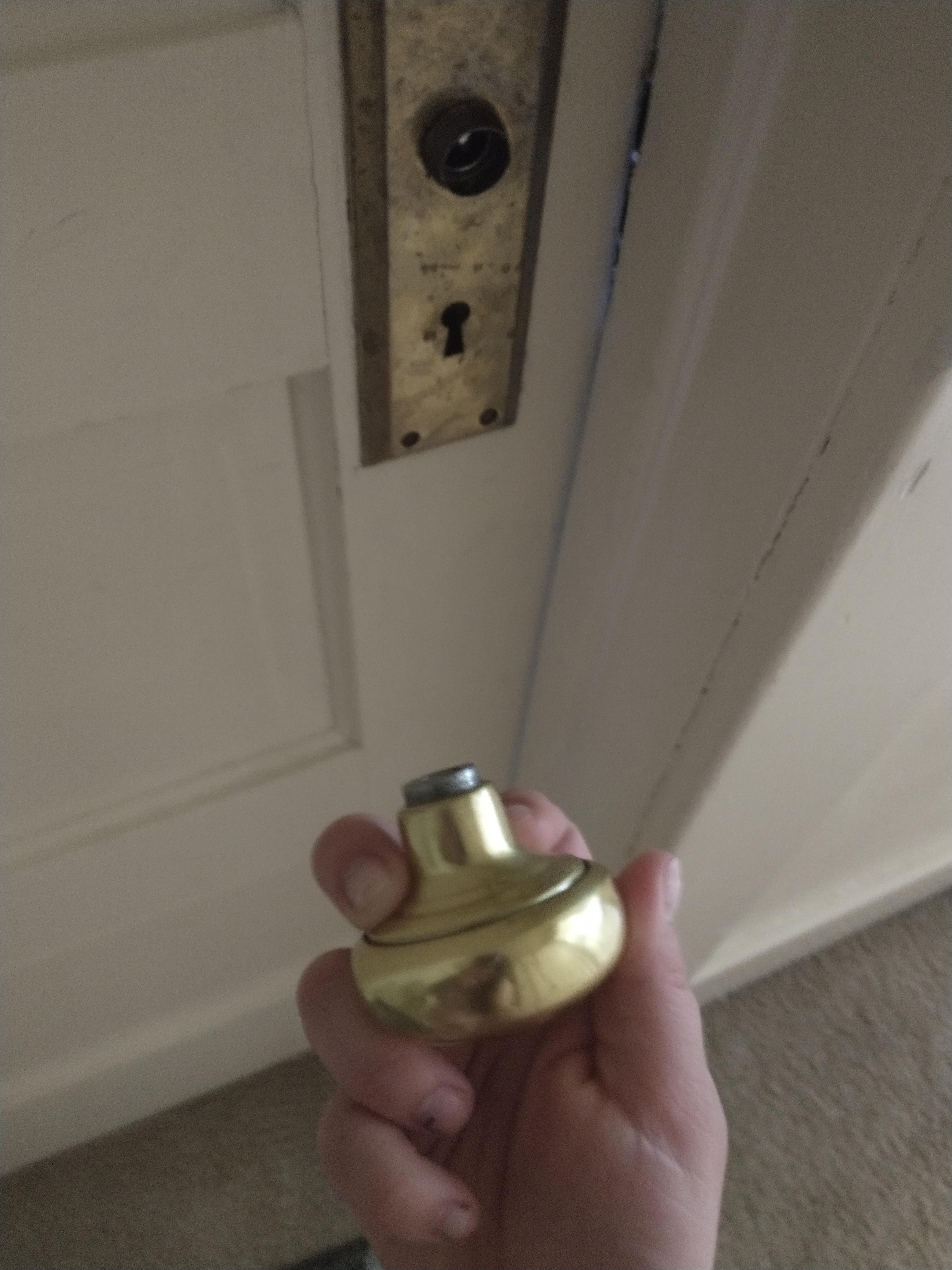 My door knob on my bathroom fell off today when I tried to enter. Note