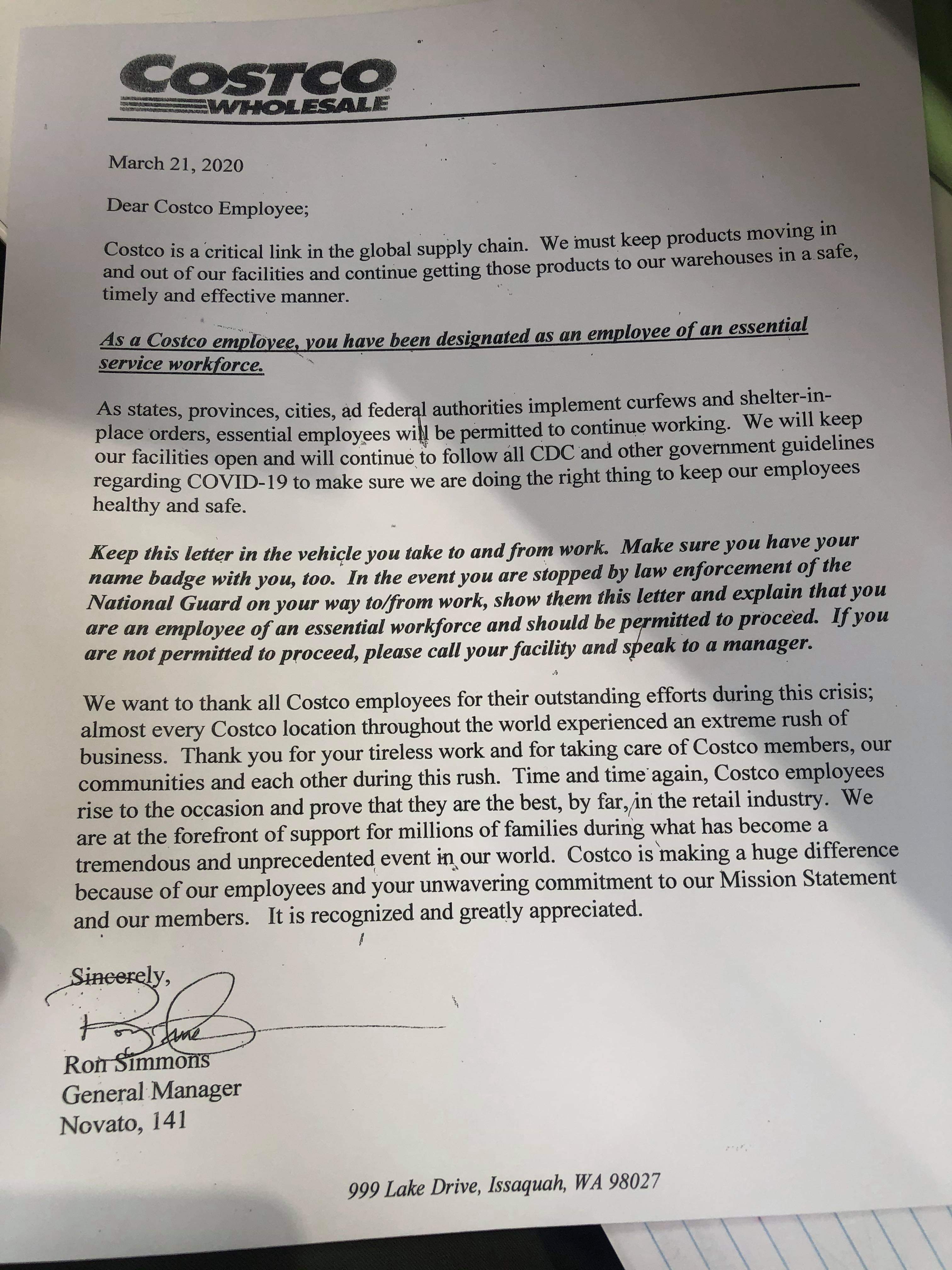 Essential Worker Business Letter