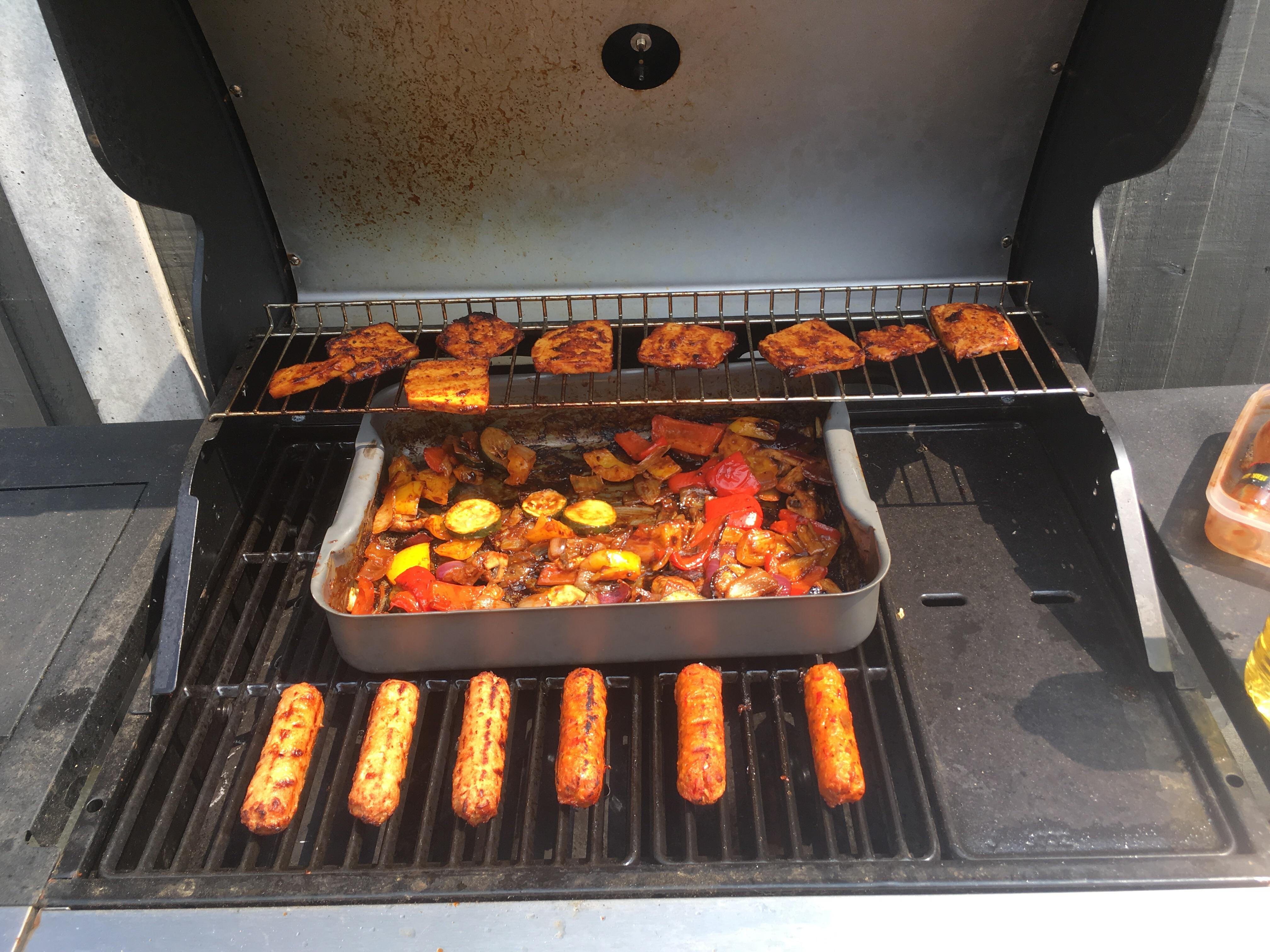 When vegans get to run the BBQ. Jerk tofu and veg with chorizo