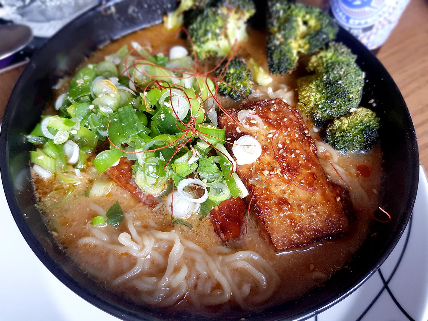Spicy vegan miso ramen to comfort myself during a cold. With baked tofu
