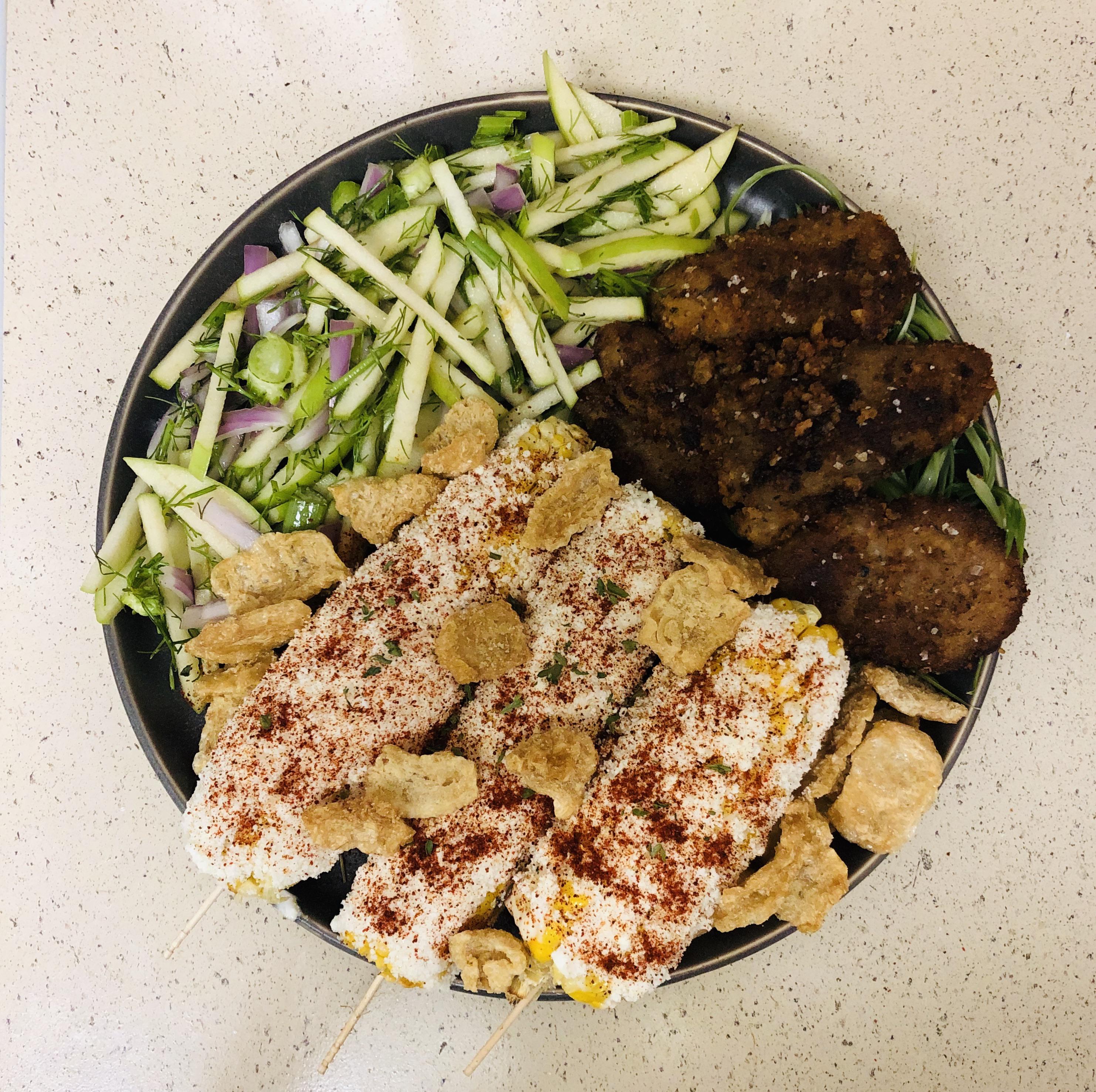 [homemade] Breaded pork chops over shredded scallion, green apple, fennel, & onion salad, and