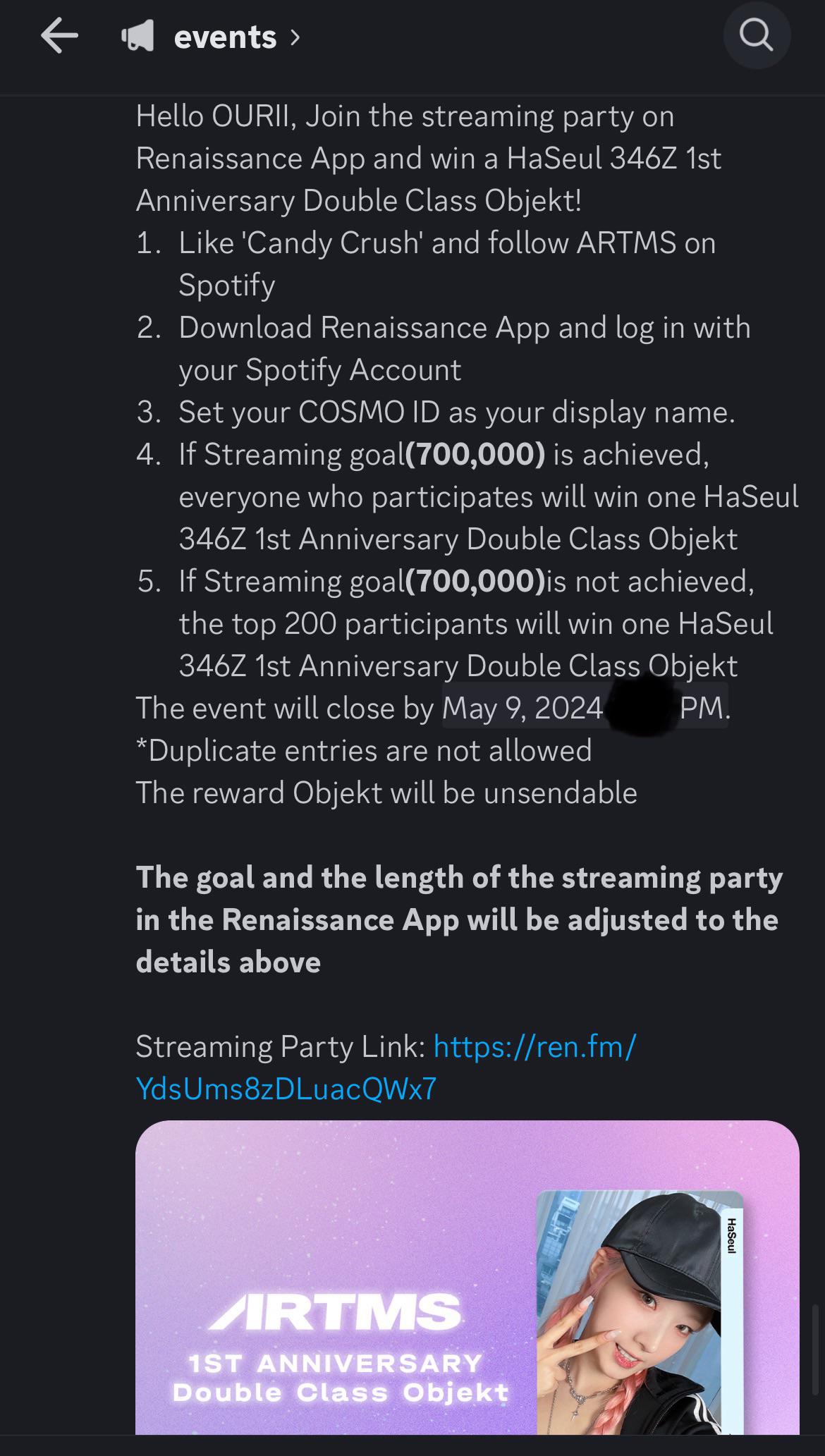 240425 ARTMS Discord Candy Crush Spotify Streaming Event (If goal is