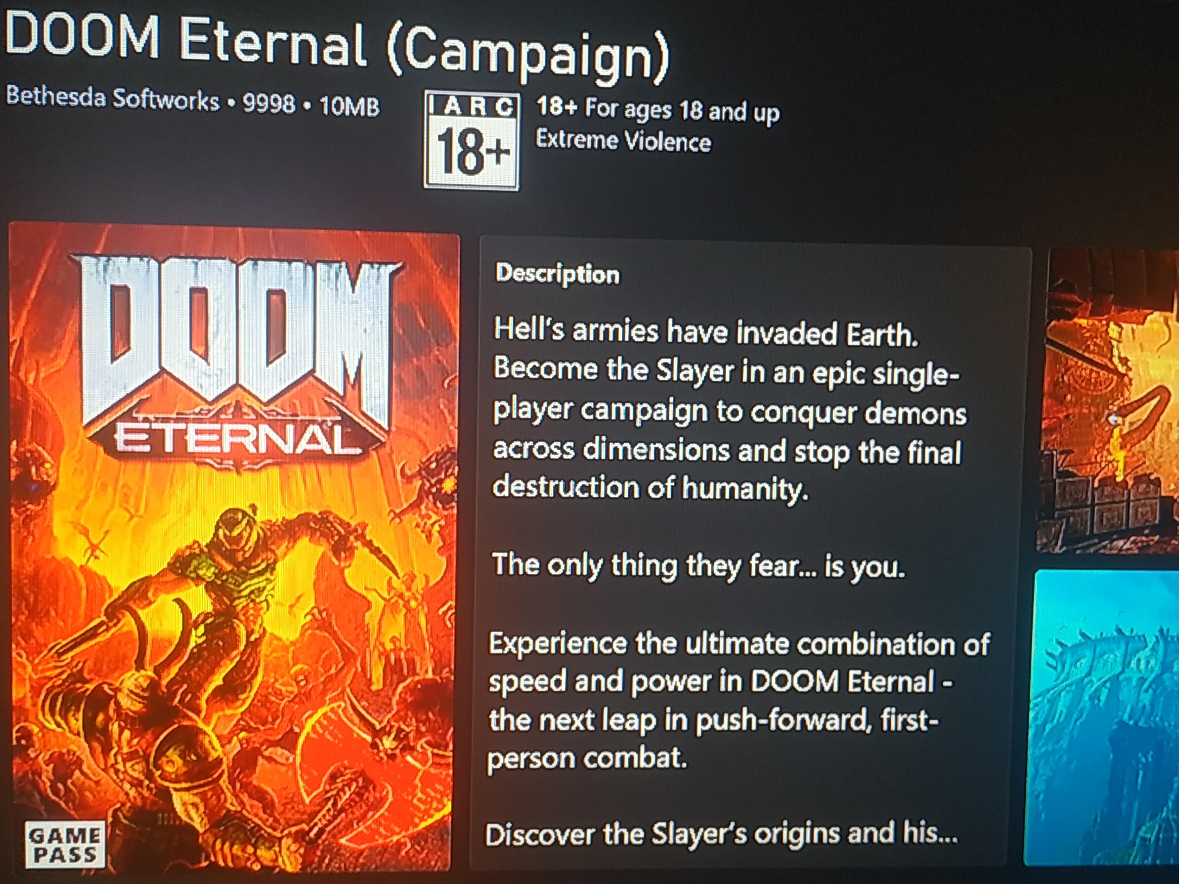 Doom eternal campaign released in 9998 r/XboxSeriesX