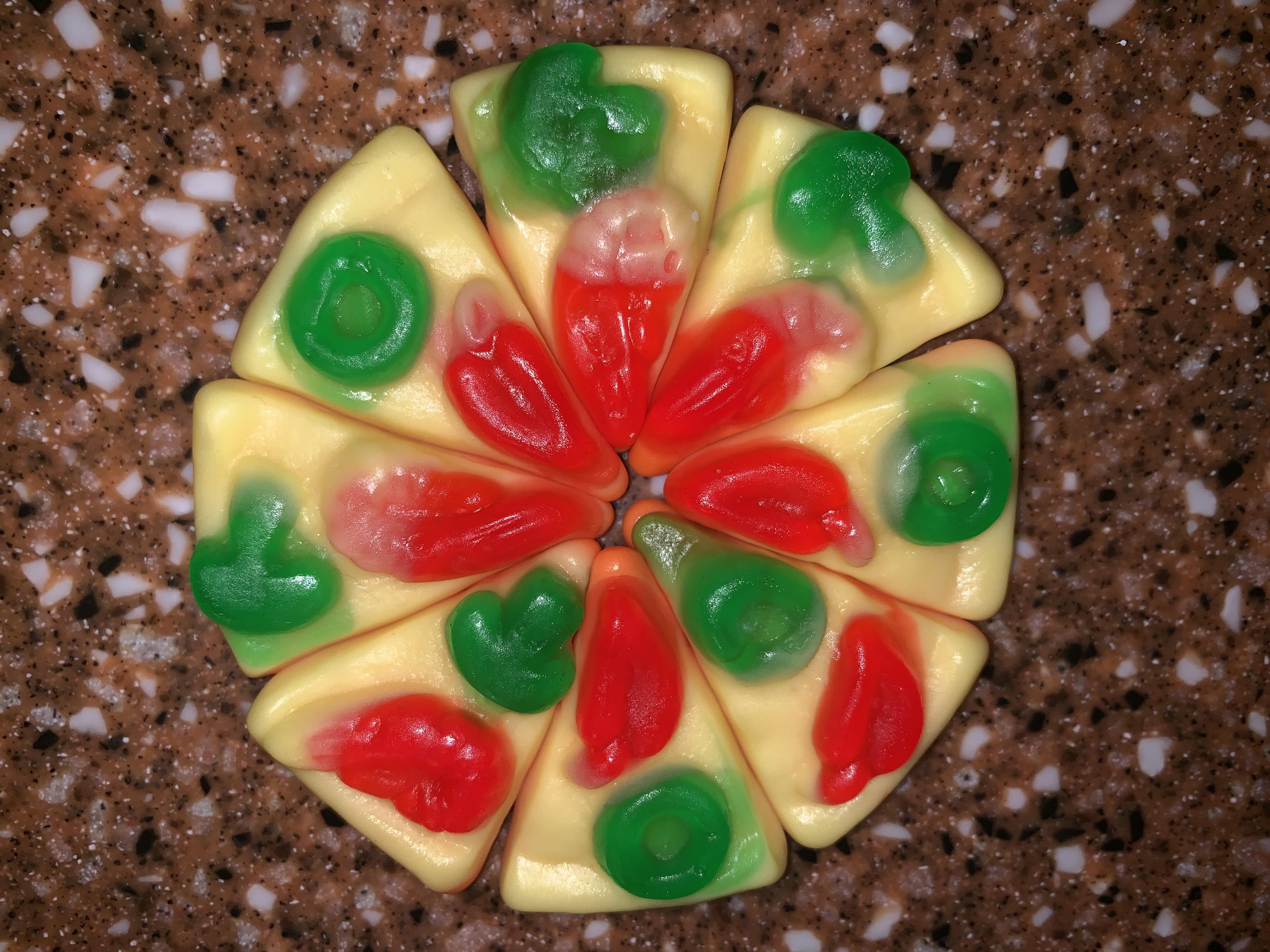 I bought some mini gummy pizzas and made them into one mini gummy pizza