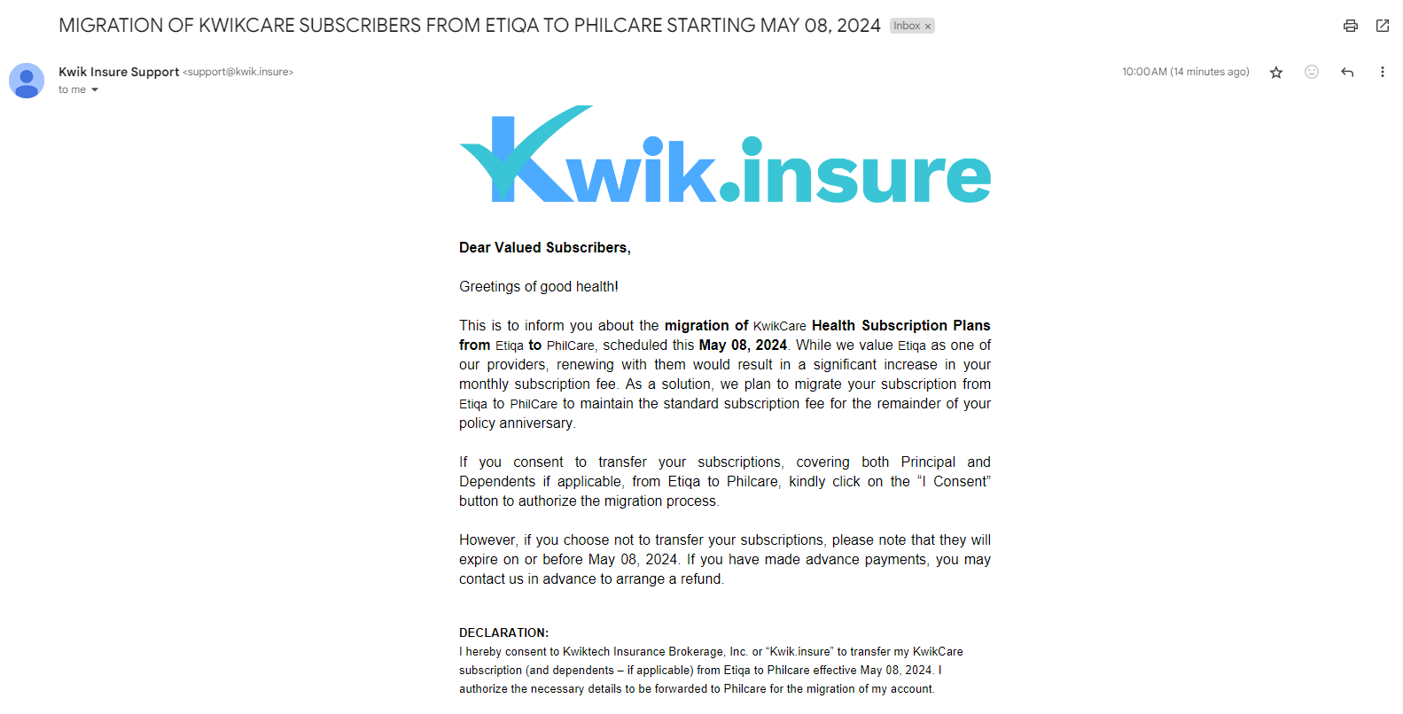 Kwik.insure from Etiqa to Philcare r/buhaydigital