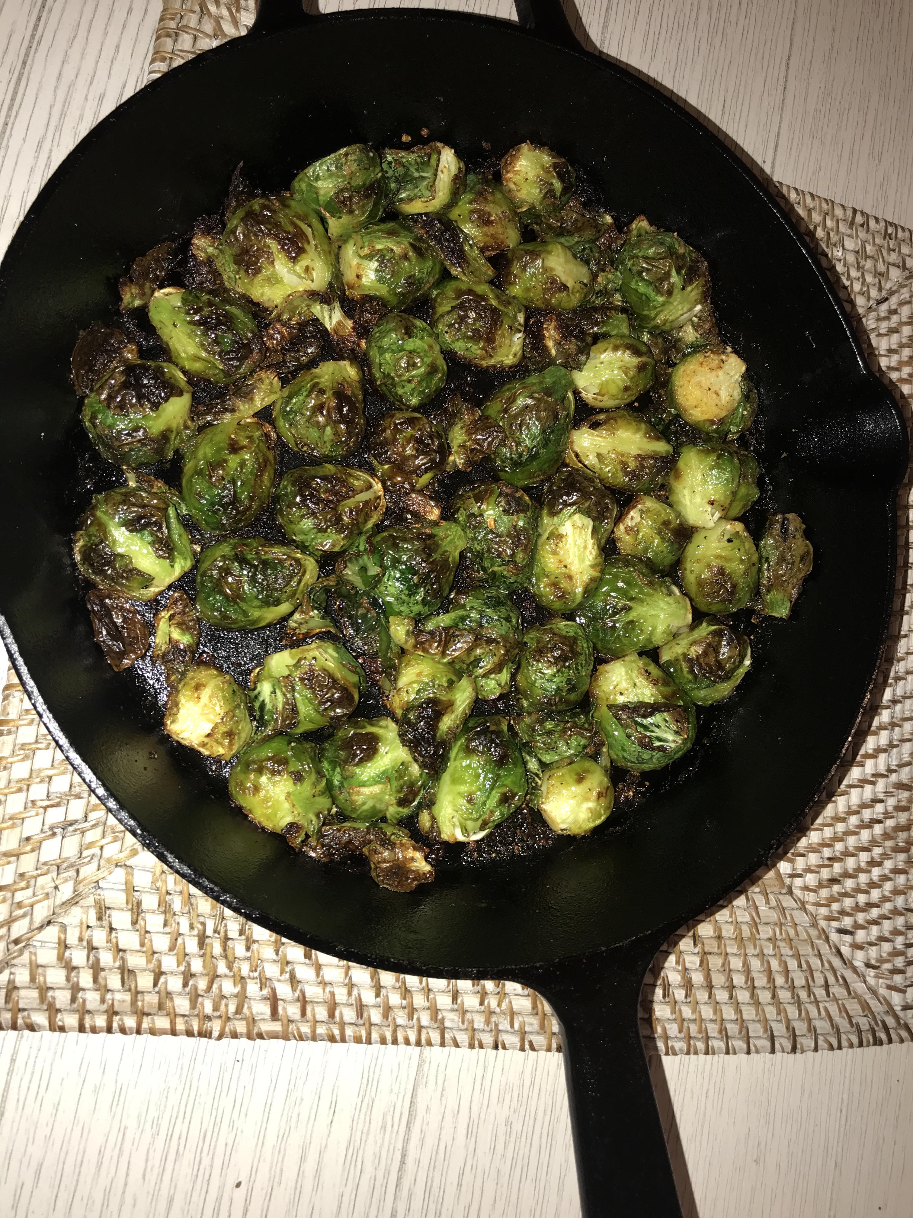 Cast Iron Brussels Sprouts tossed in grape seed oil, seasoned, and