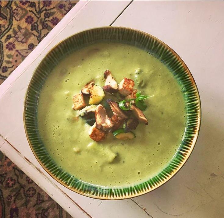 Broccoli Cauliflower soup with sautéed zucchini and fresh shiitake