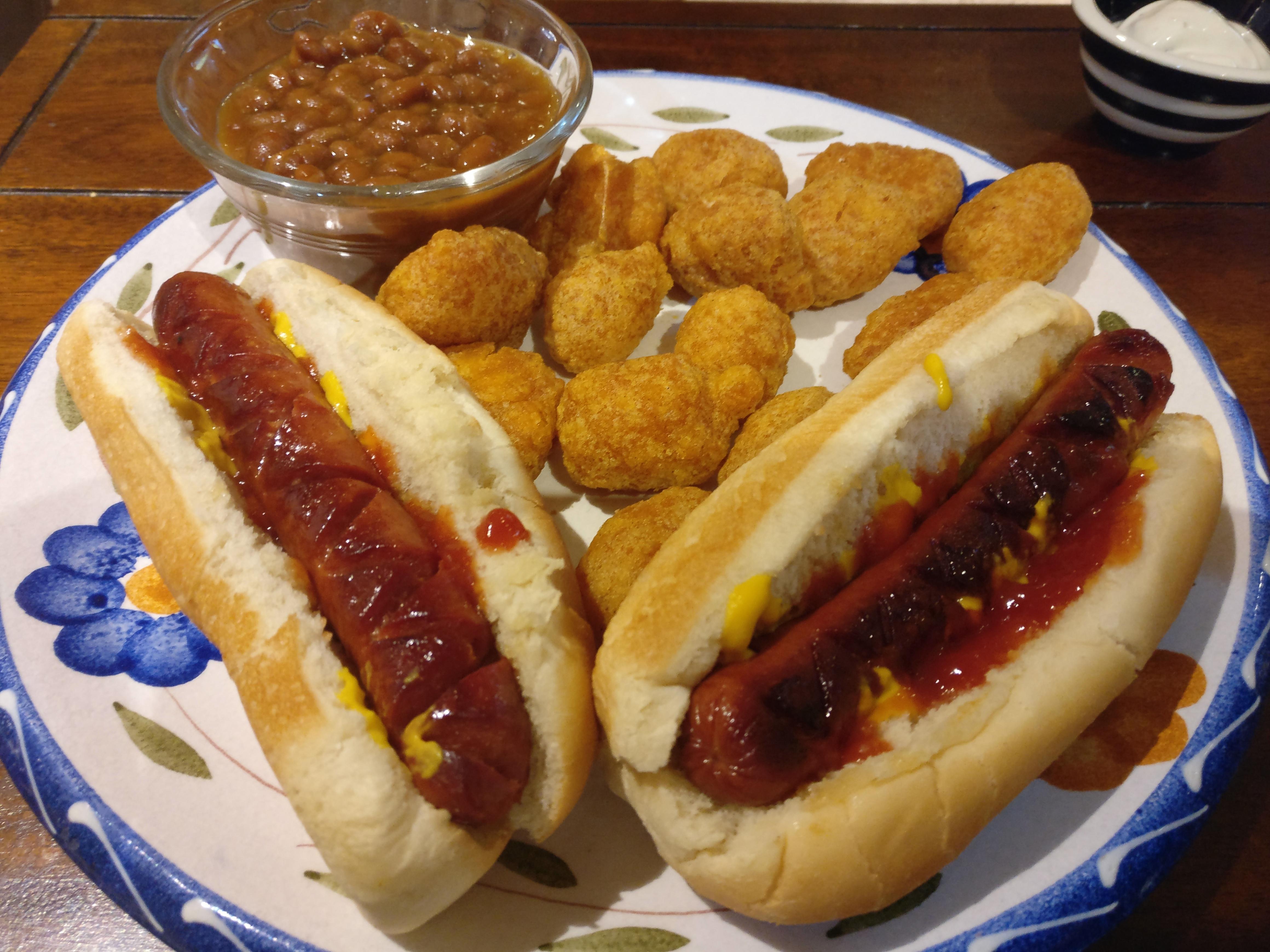 Hot Dogs, Corn Nuggets, Boston Baked Beans. The nuggets are kinda a