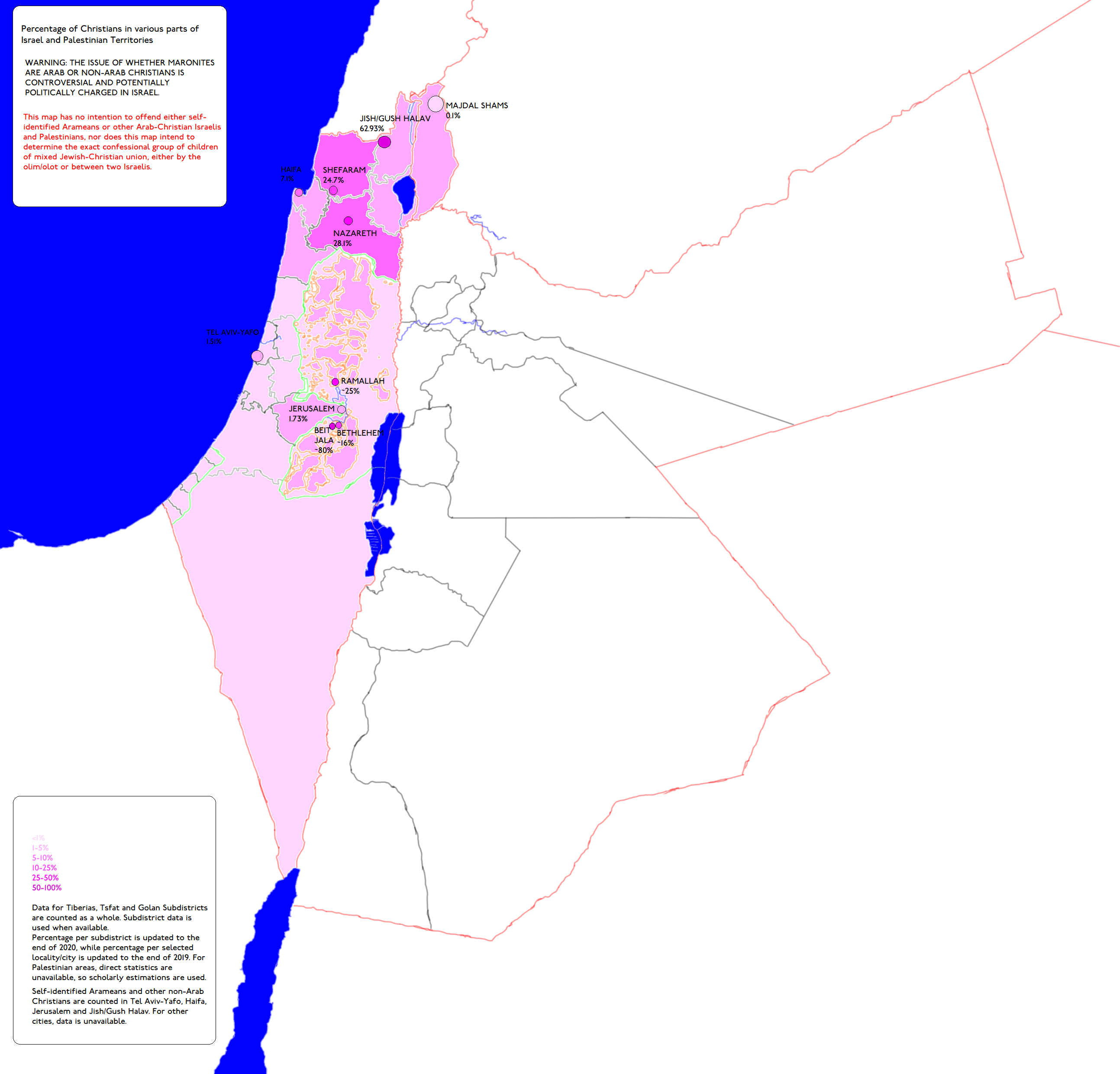 Map of percentage of Christians in various parts of Israel and
