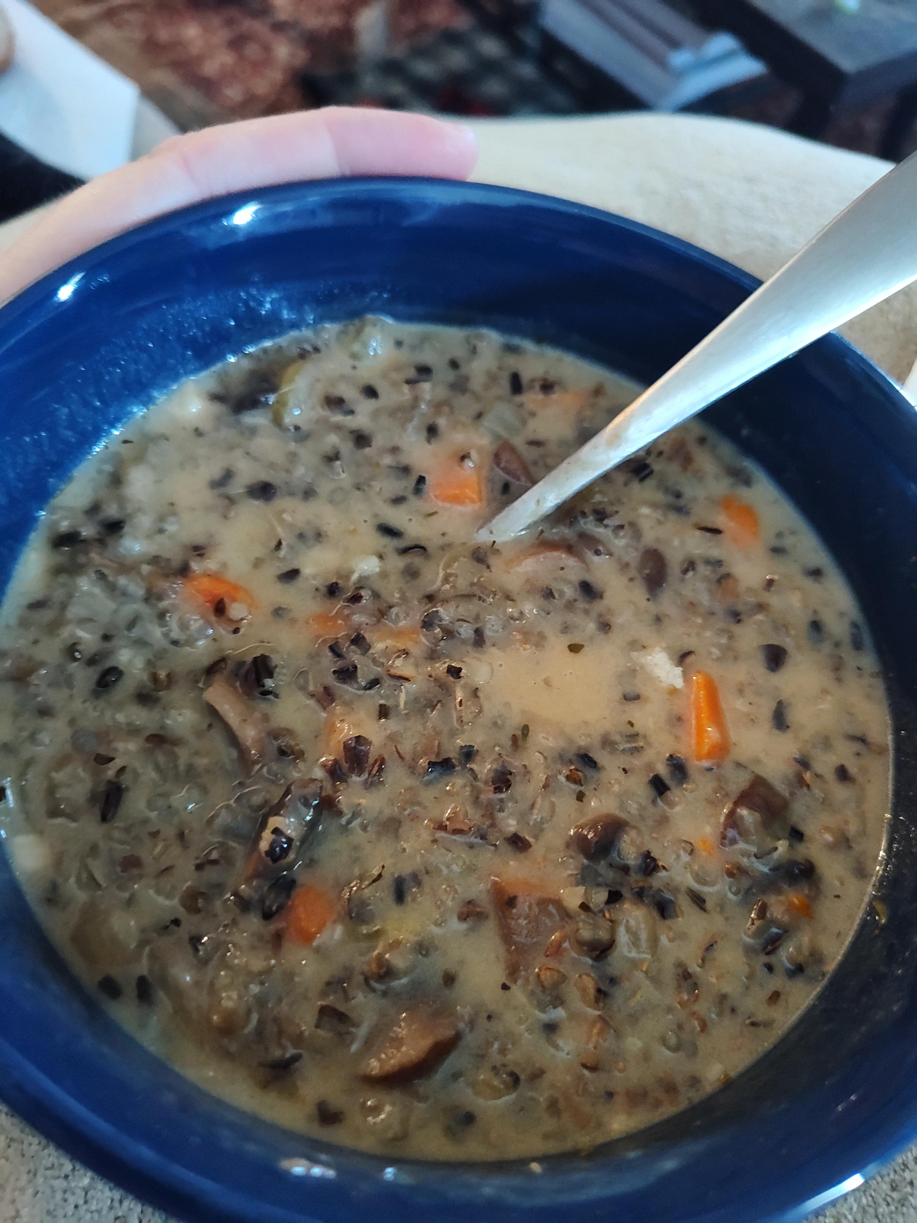 Minnesota wild rice and mushroom soup! It's never too hot for soup! r/soup