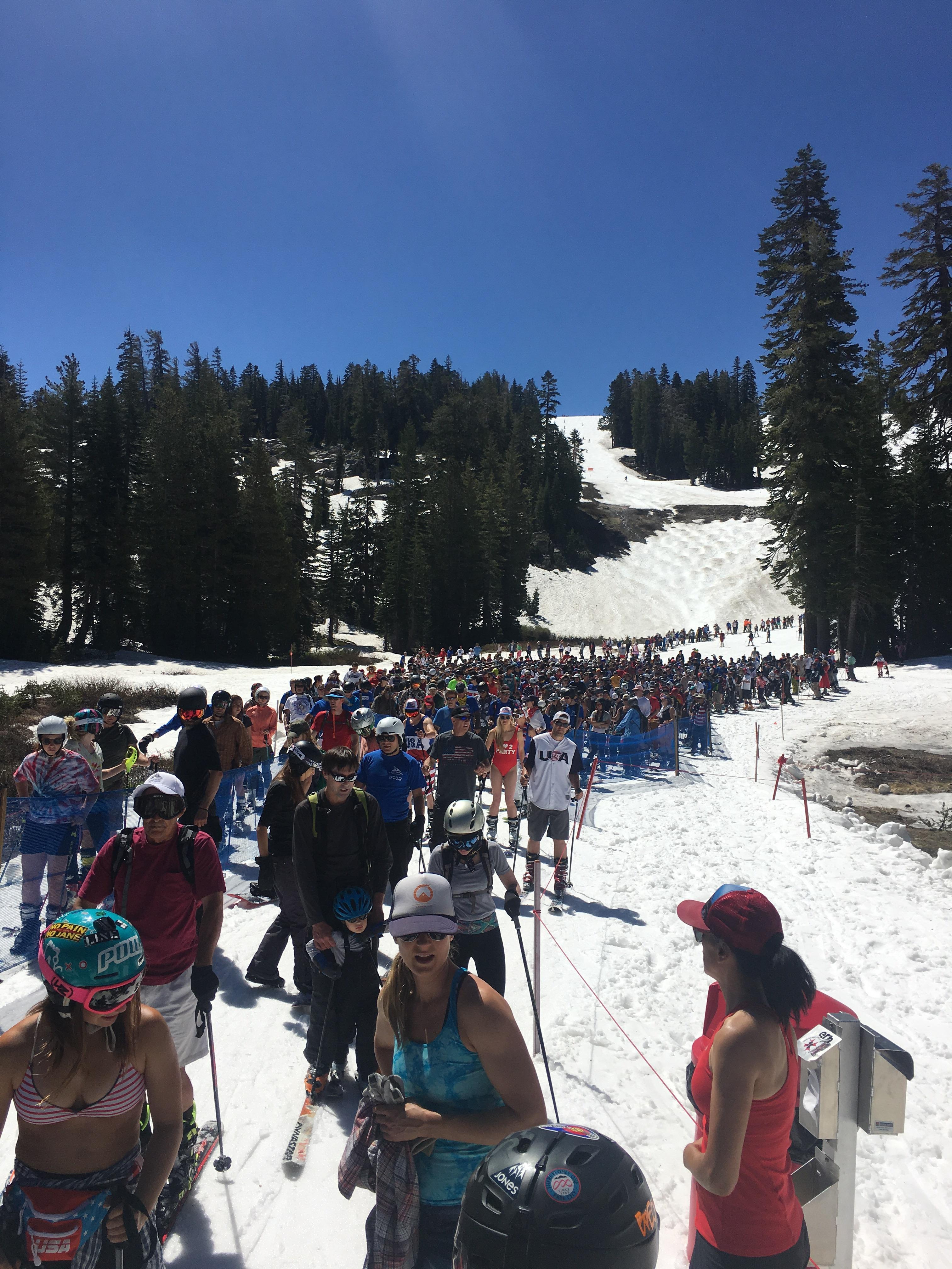 The line for a lift at squaw valley ski resort on the 4th r/snowboarding