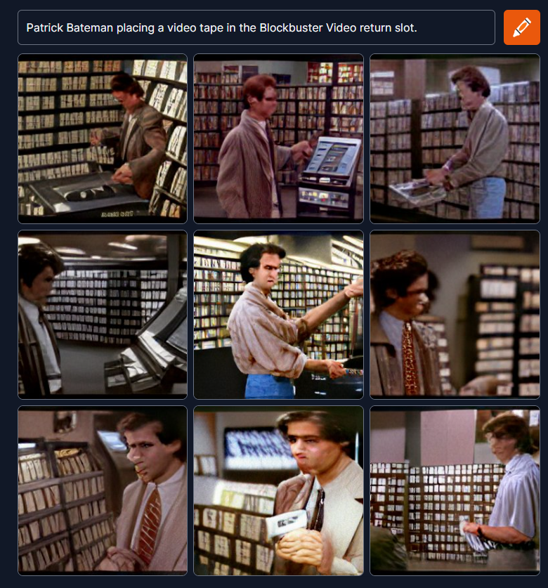 Patrick Bateman placing a video tape in the Blockbuster Video return