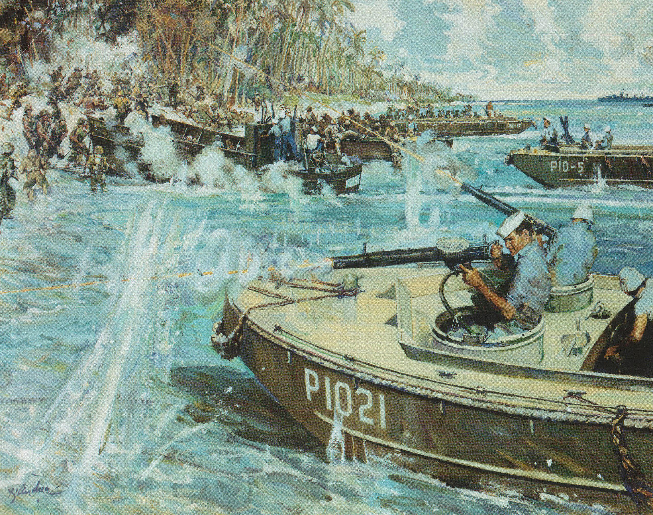 A painting depicts U.S. Coast Guard landing craft crews covering the evacuation of U.S. Marines