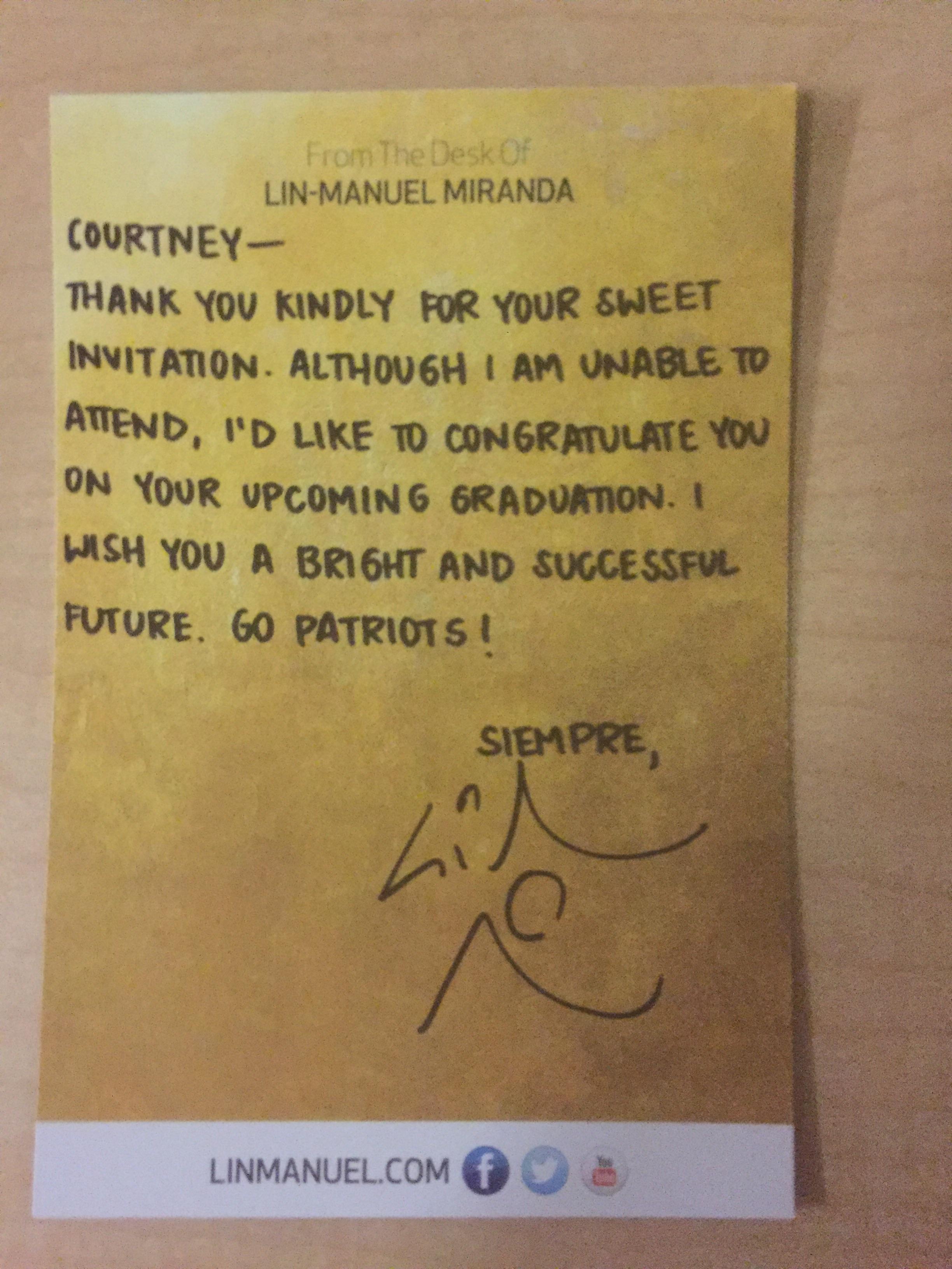 LinManuel Miranda sent me a thank you note after I invited him to my