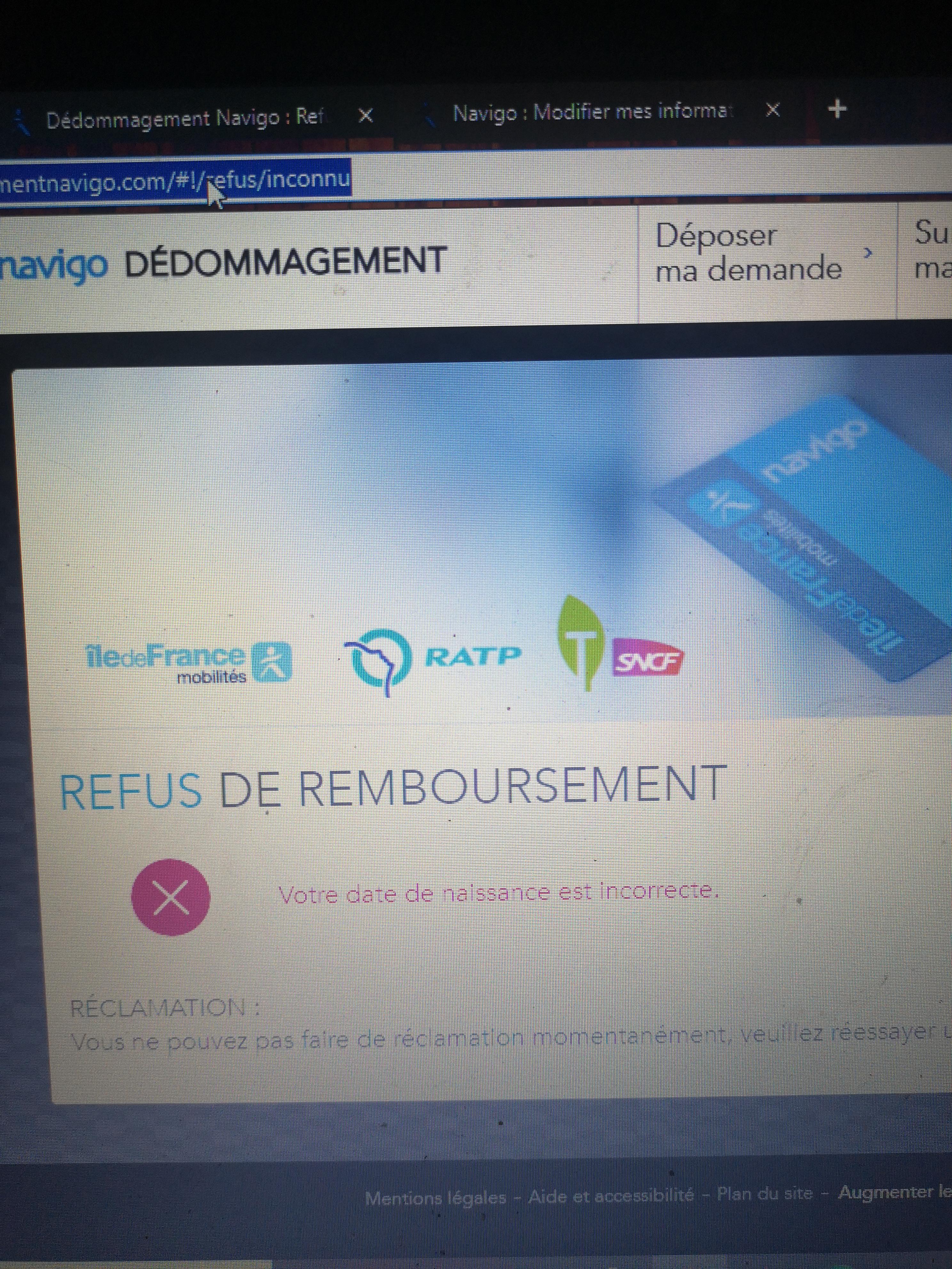 Pain Points Le site pour remboursement navigo n'accepte pas ma date de naissance. C