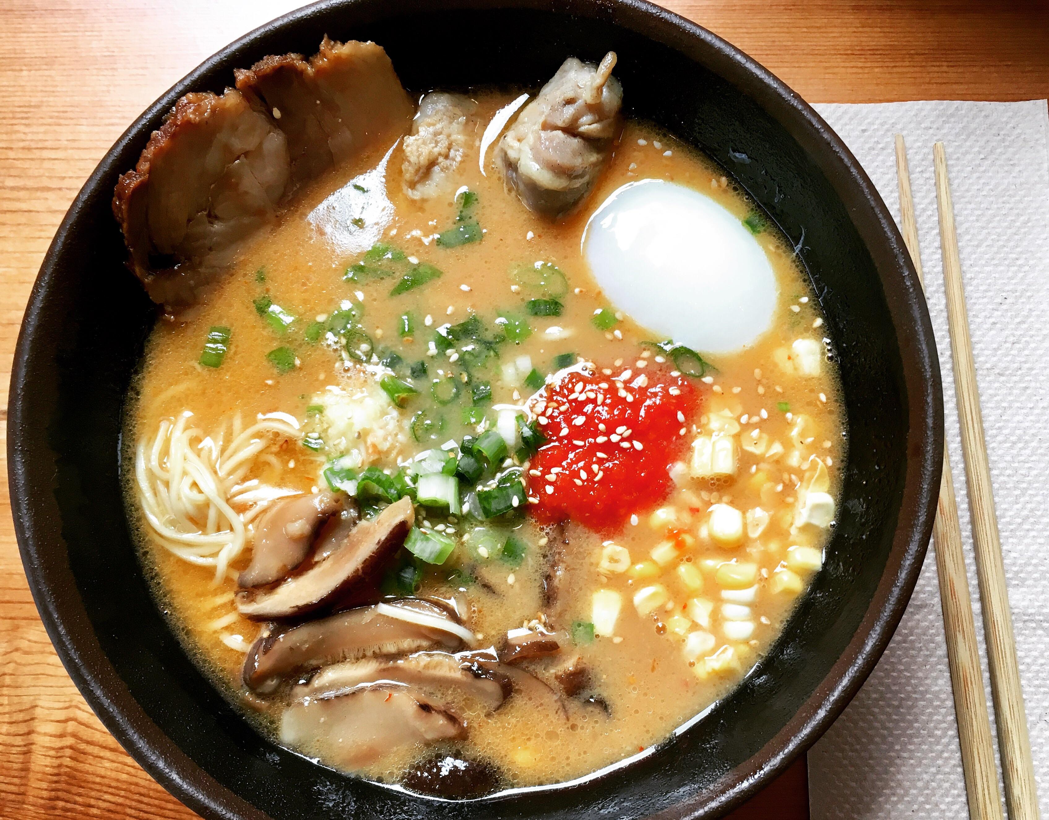 Ramen with Tonkotsu Broth, Spicy Miso, Chashu Pork Belly, White Pepper