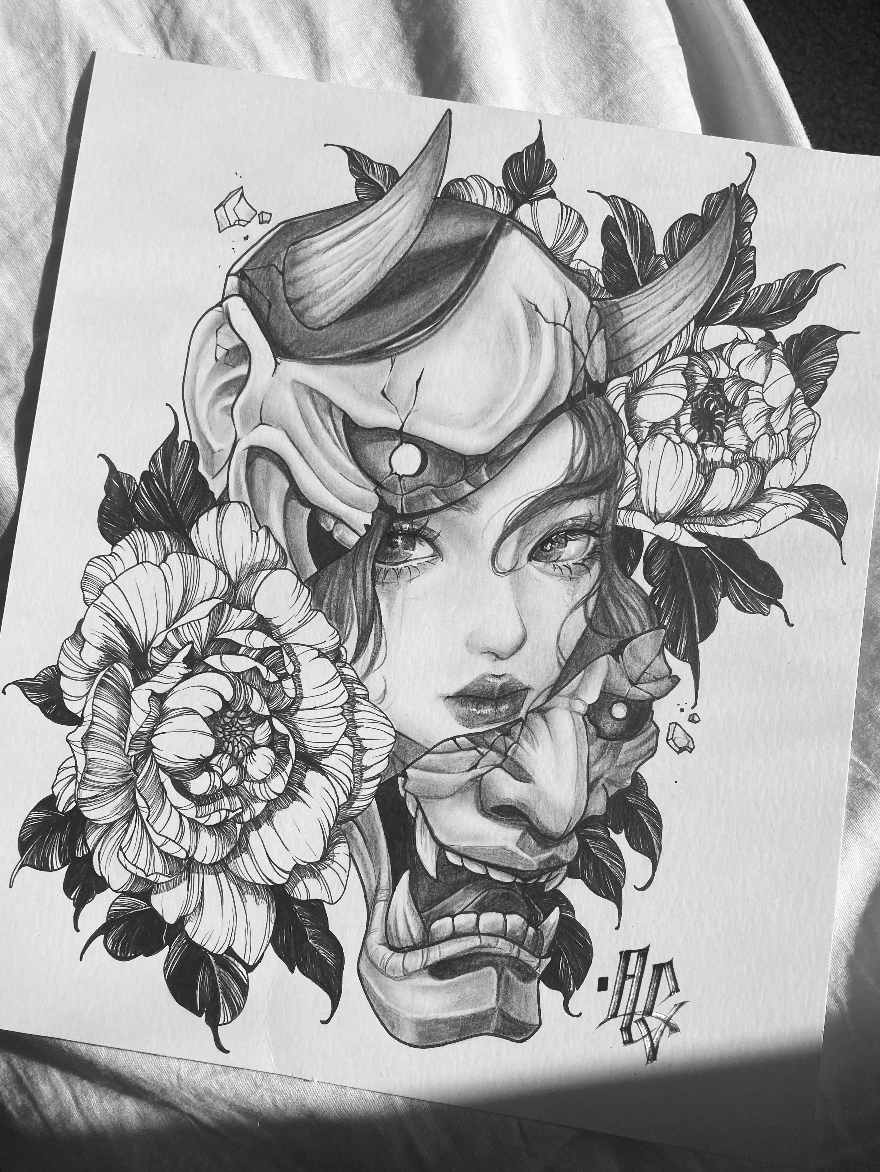 Hannya mask design for my portfolio, CC always and appreciated r/TattooApprentice