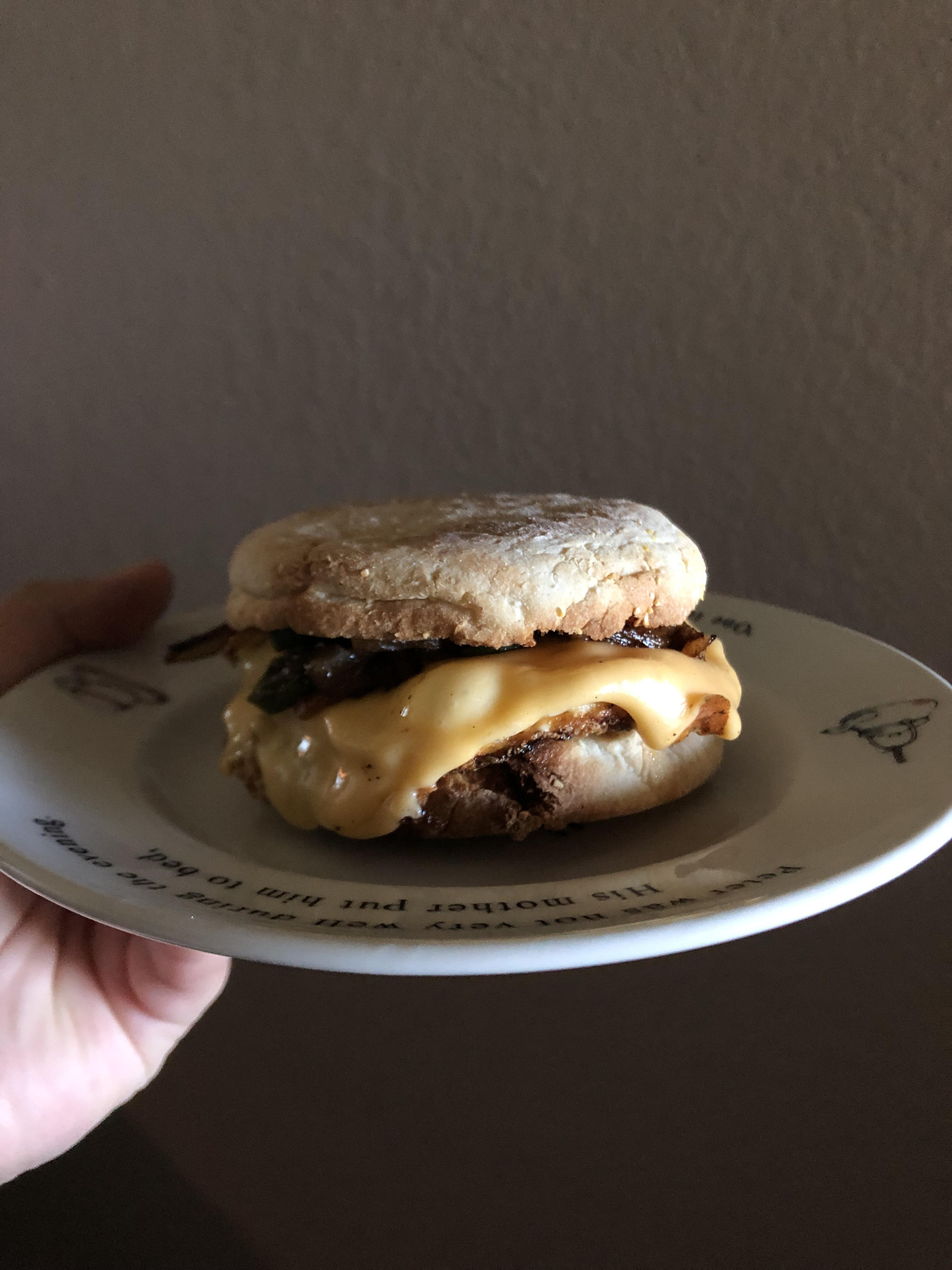 Fried egg sandwich with grilled onions and serrano peppers r/vegetarian