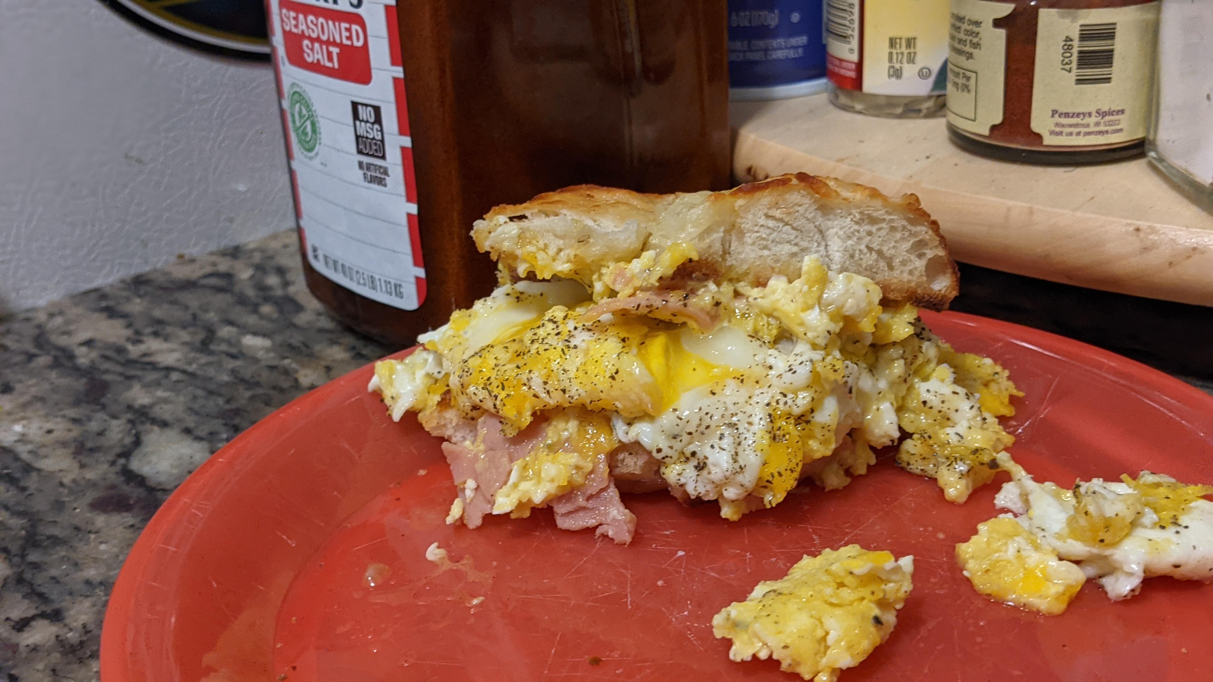 Chopped up some bologna and added cream cheese into my scrambled eggs