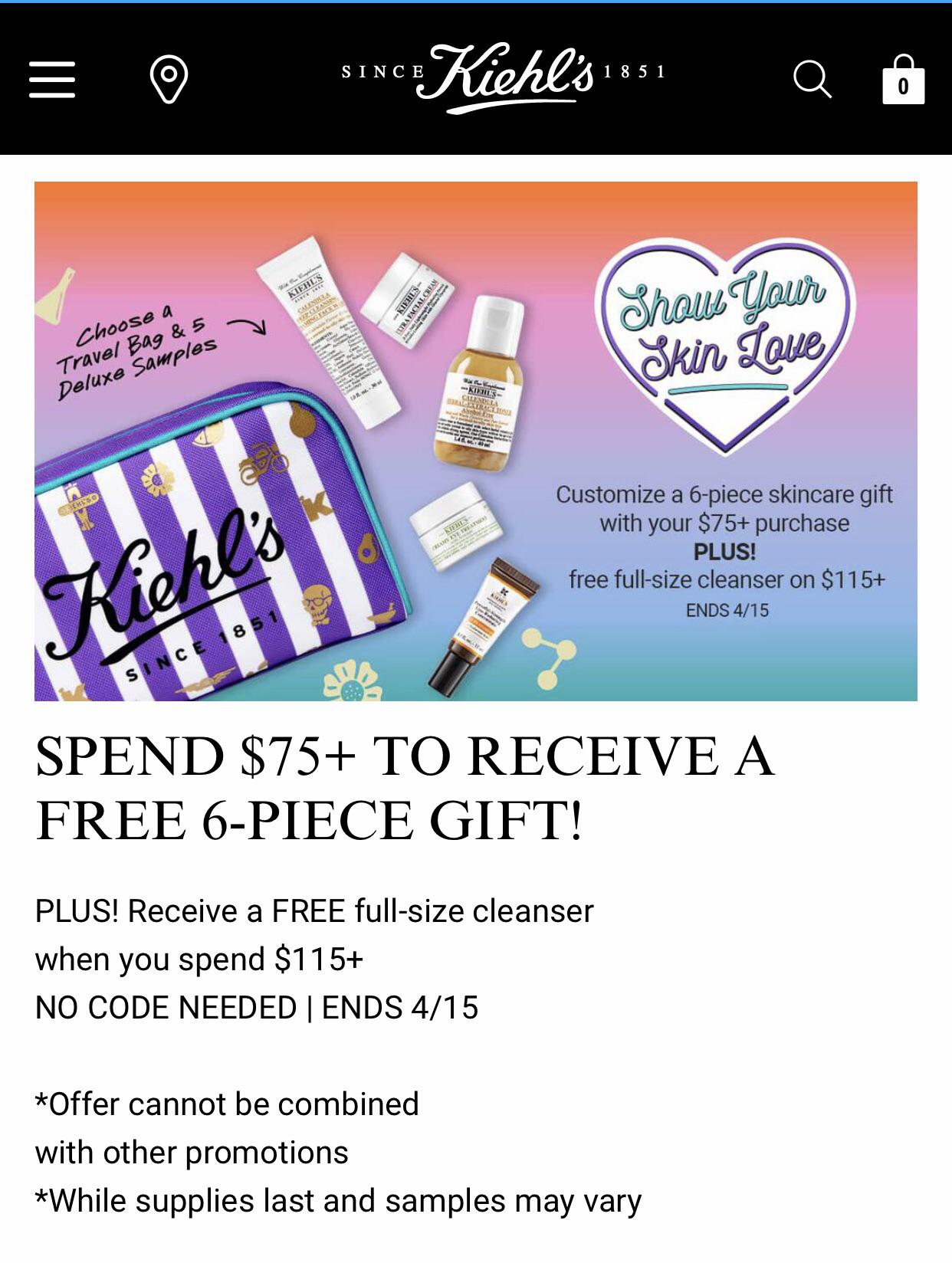 KIEHL’S Free 6 Piece Customizable Gift with 75+ Purchase Free Full