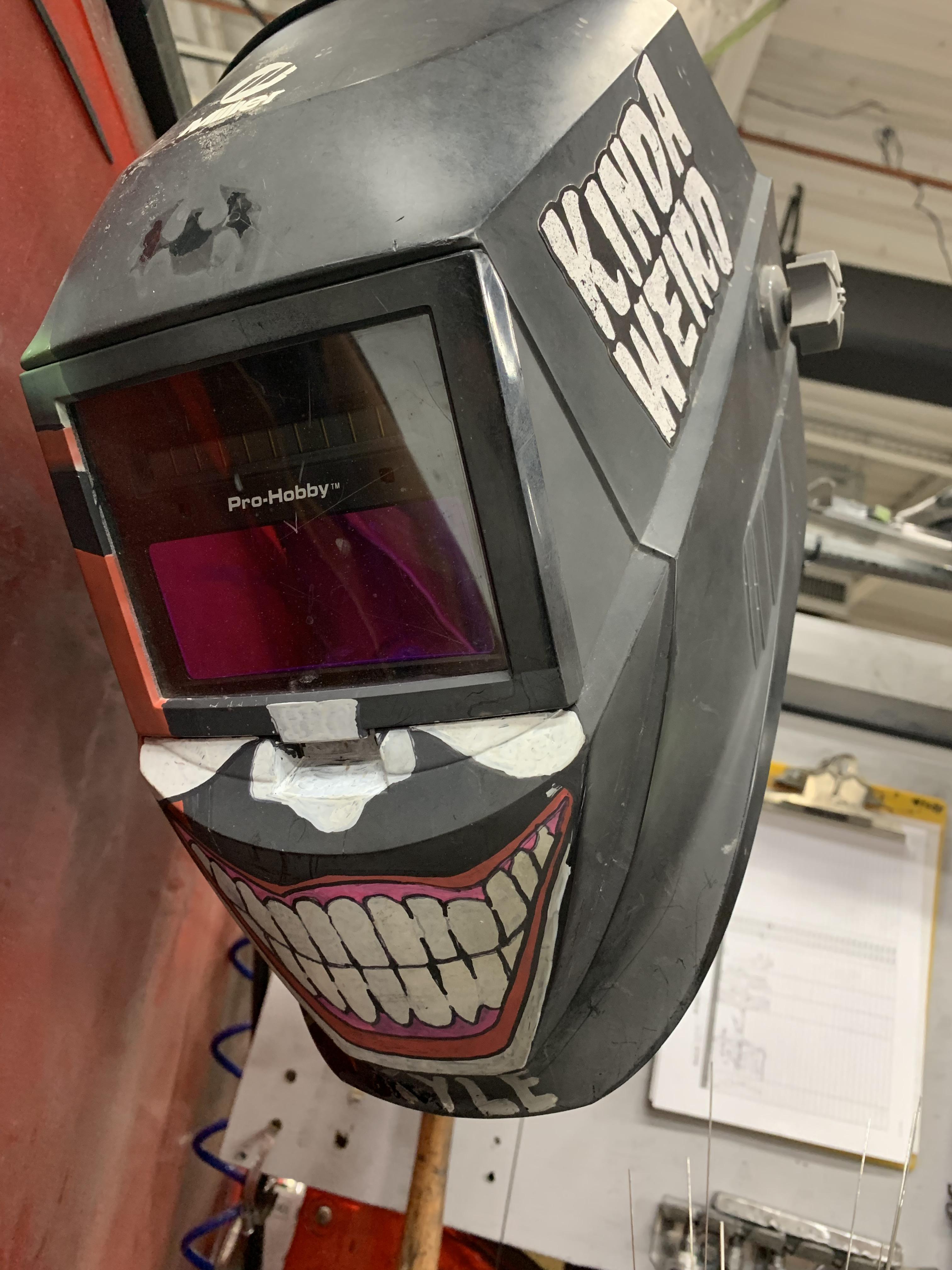 My welding helmet featuring the Joker’s smile from “The Killing Joke