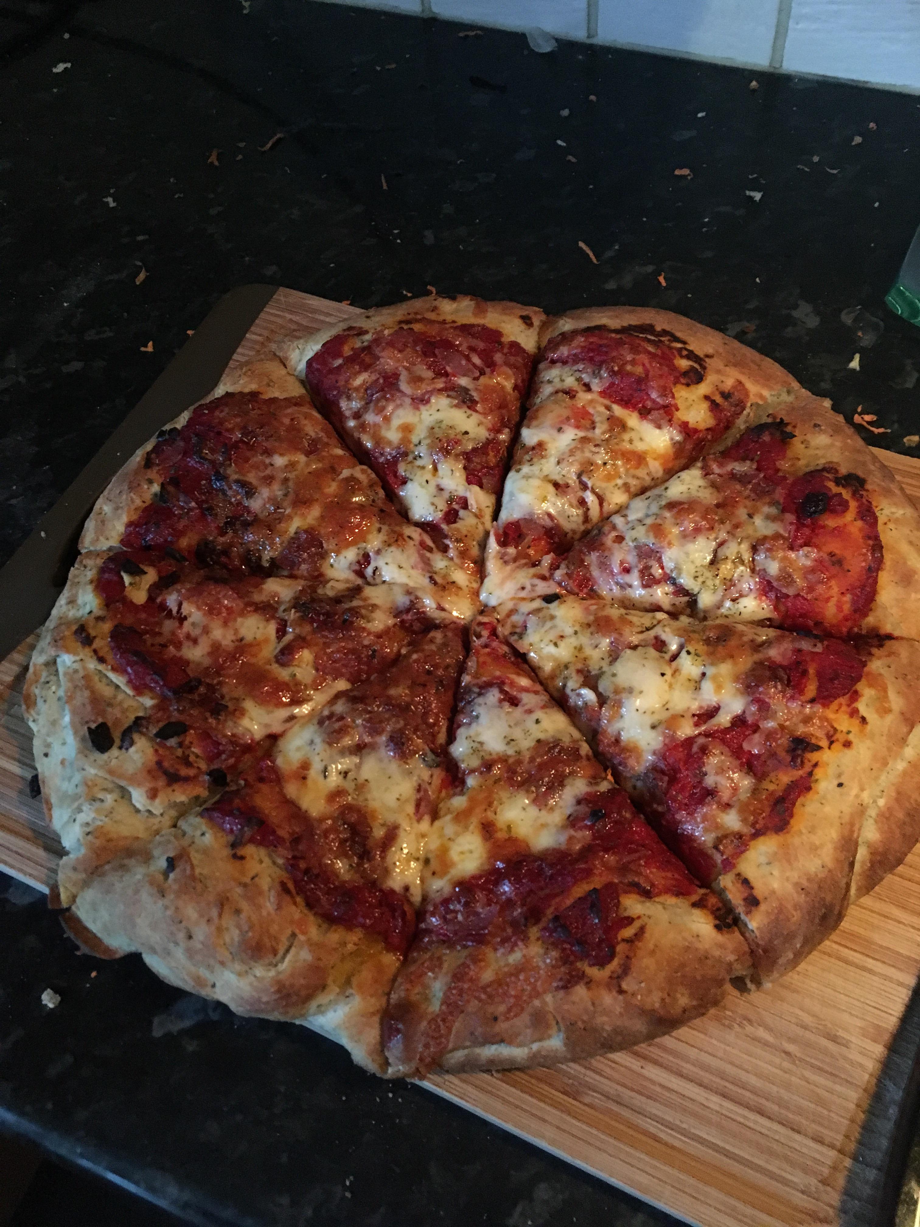 [Homemade] pizza! (garlic, salami, onion, mozzarella, cheddar, pesto