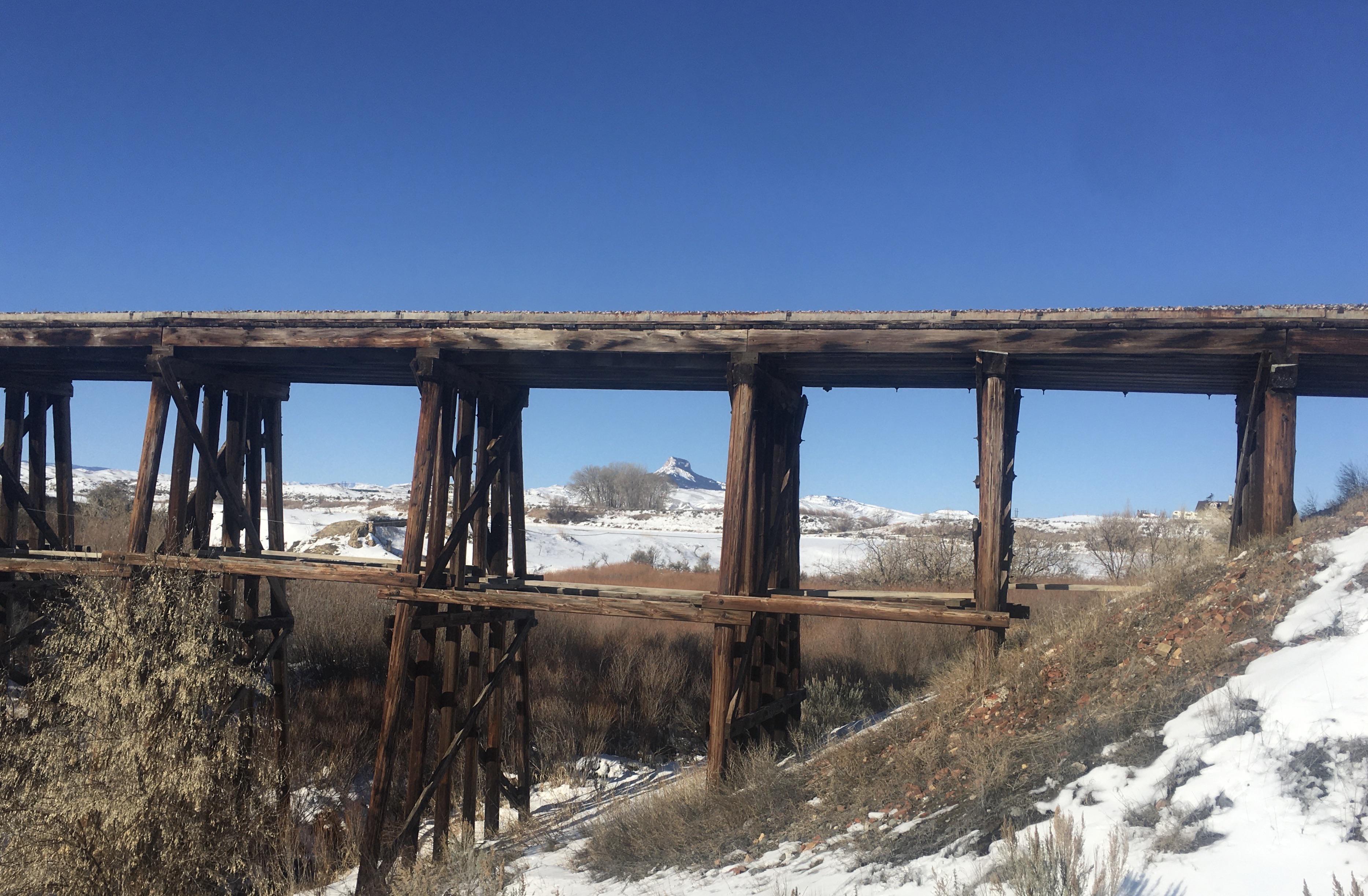 100 year old railroad trestle near Cody, Wyoming, USA. Heart Mountain