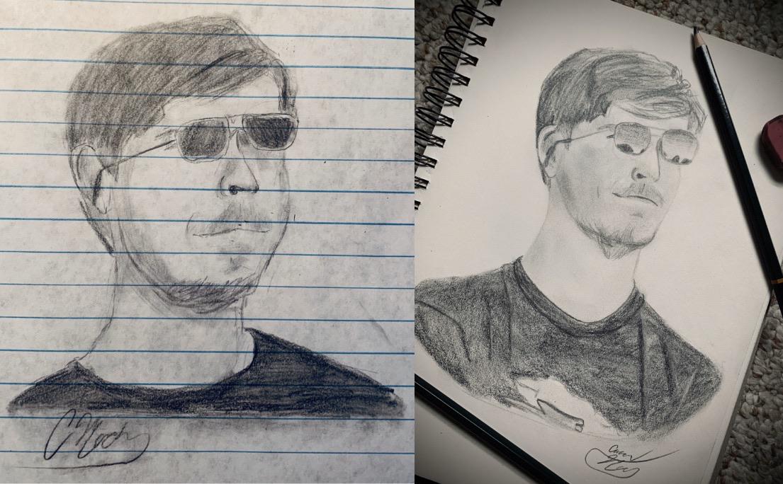 My drawing of Mr Beast from last year compared to this year MrBeast
