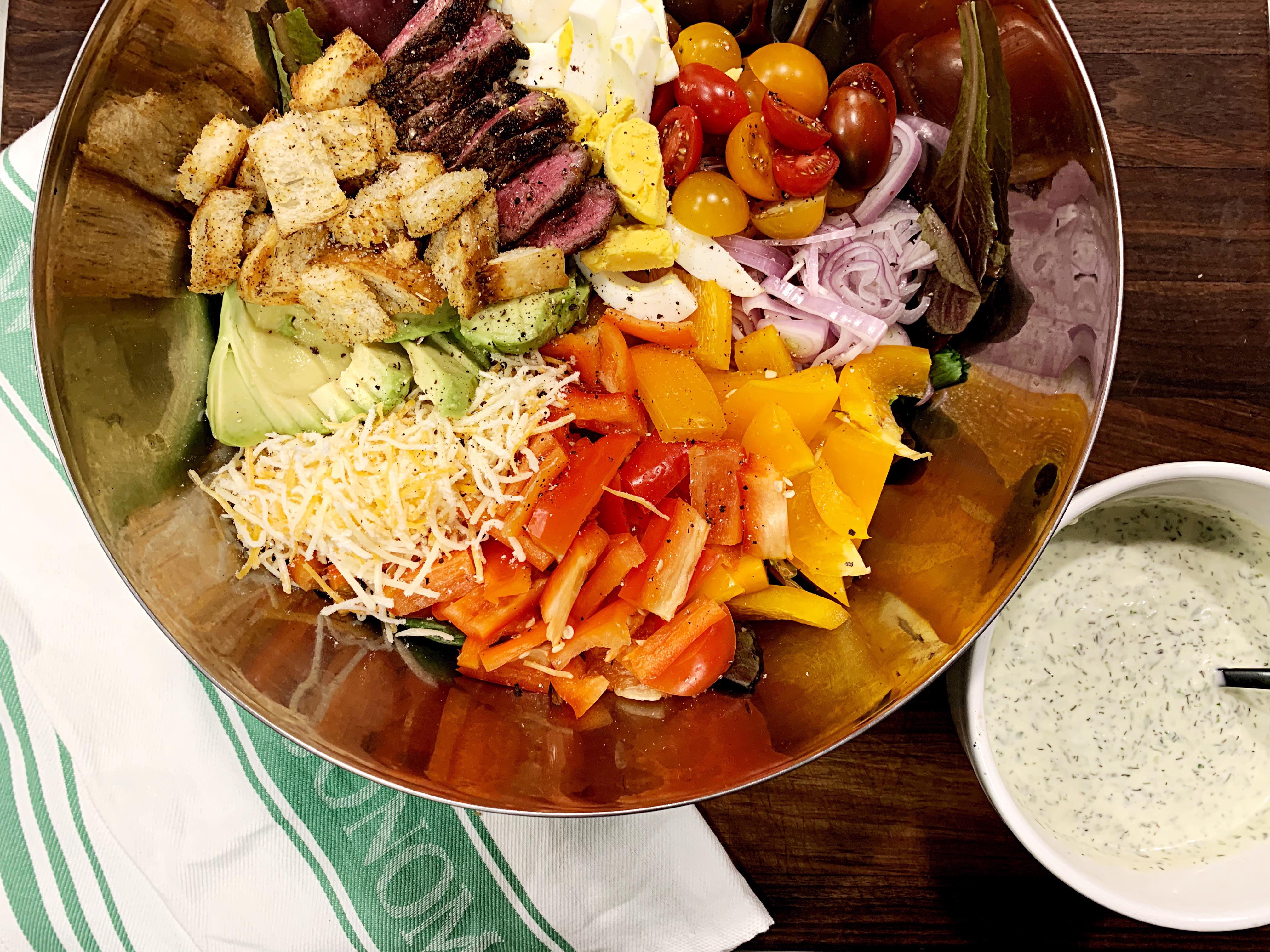 [Homemade] chopped salad with seared NY strip, sourdough croutons, and