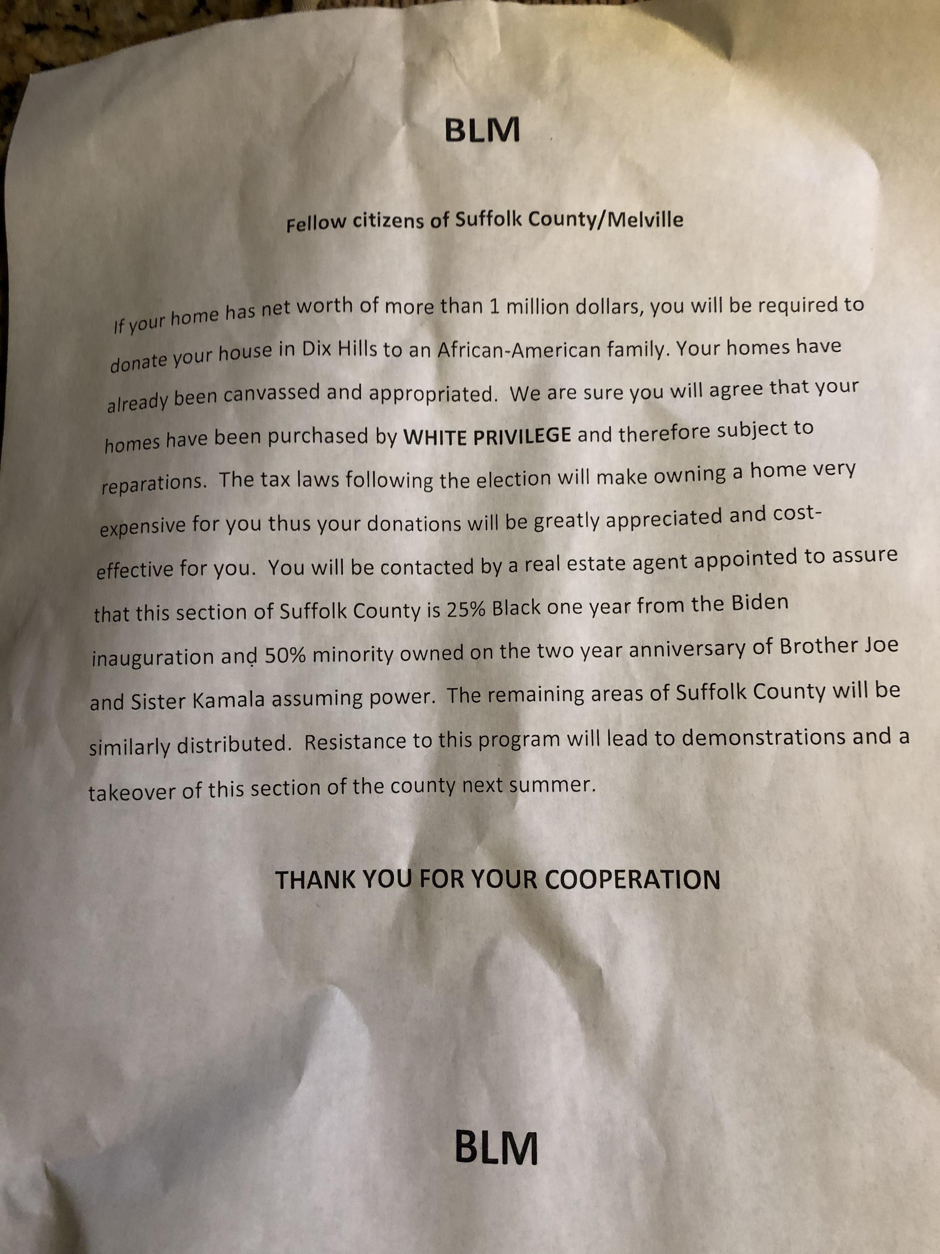This fake BLM letter that was put into my parents’ mailbox yesterday