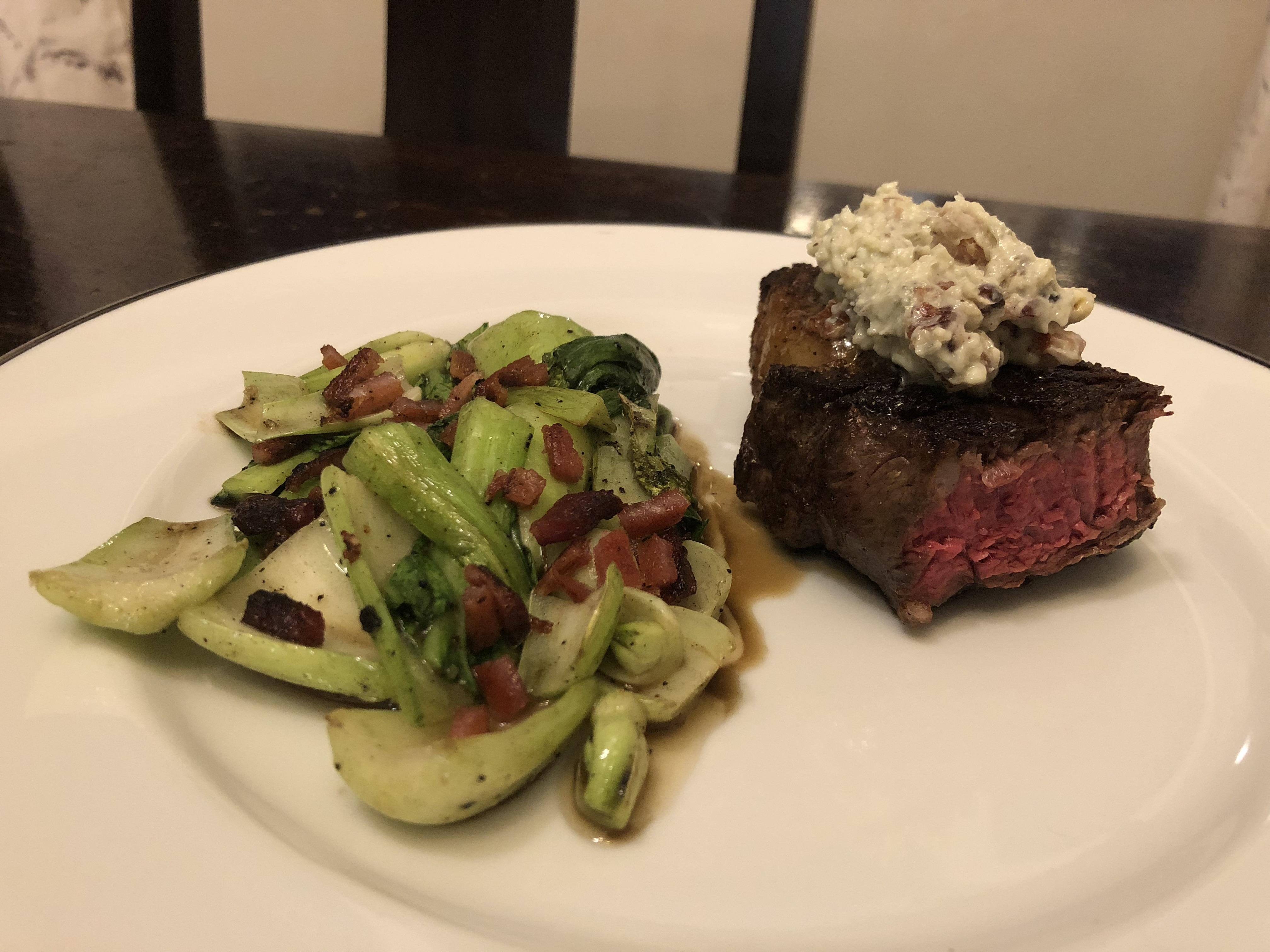 Ribeye with bacon blue cheese butter and bok choy r/EasyKetoRecipes
