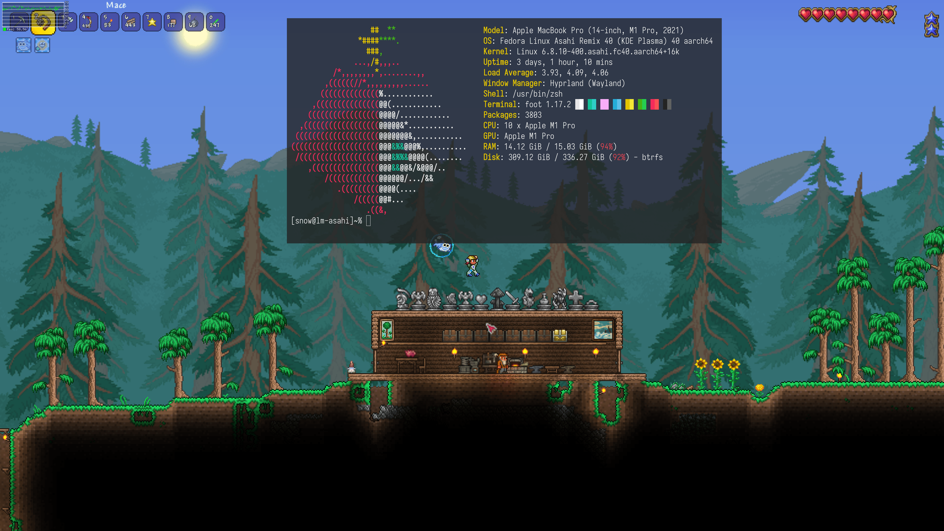 Terraria (v1.4.4.9 released in 2022, FNA Game Engine) running via Box64