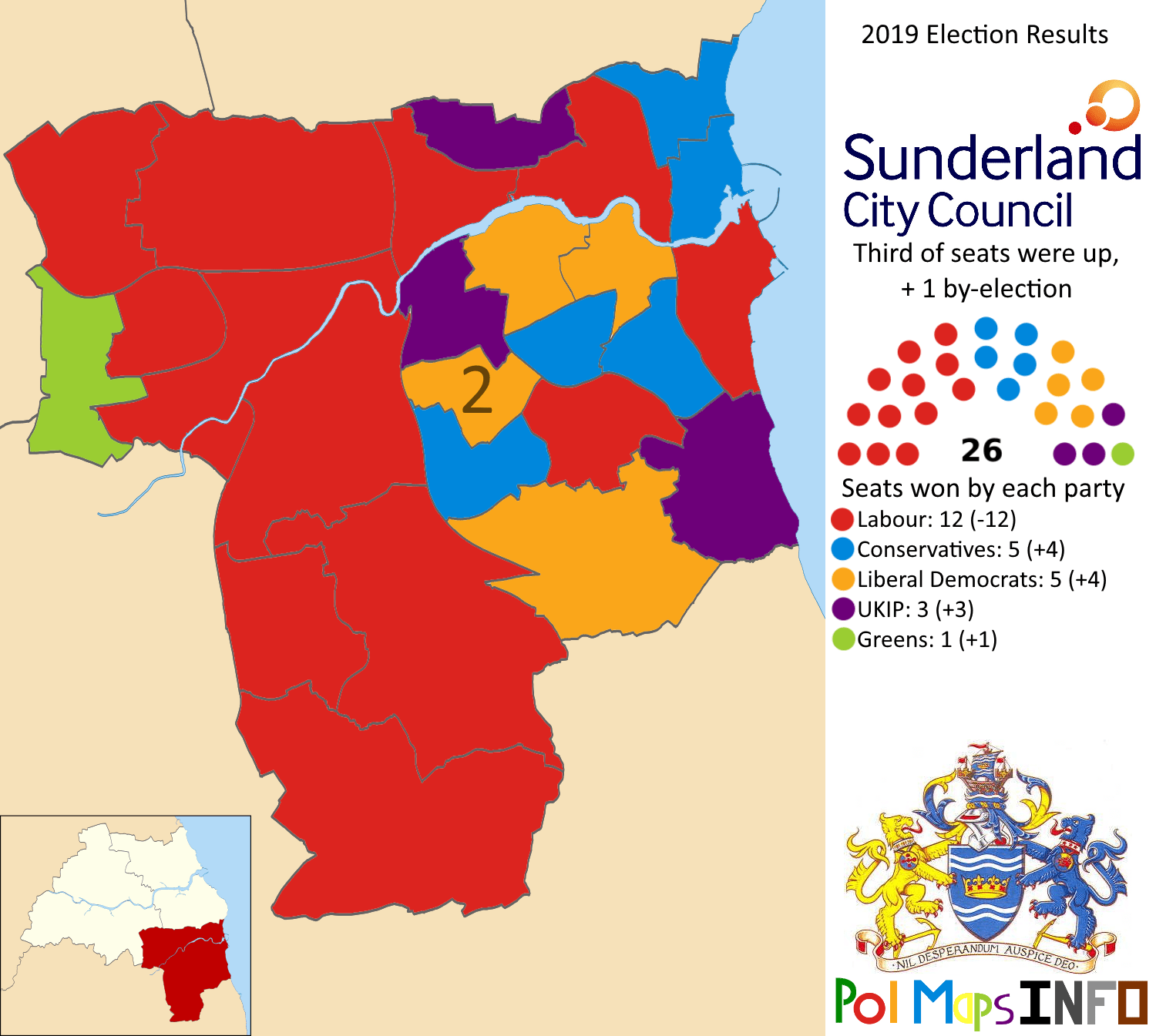 Sunderland City Council, Tyne & Wear, North East. 2019 Election Result