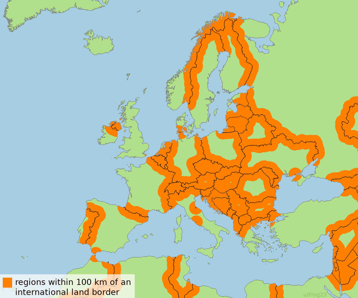 Regions of Europe within 100 Kilometers (62 Miles) of an International