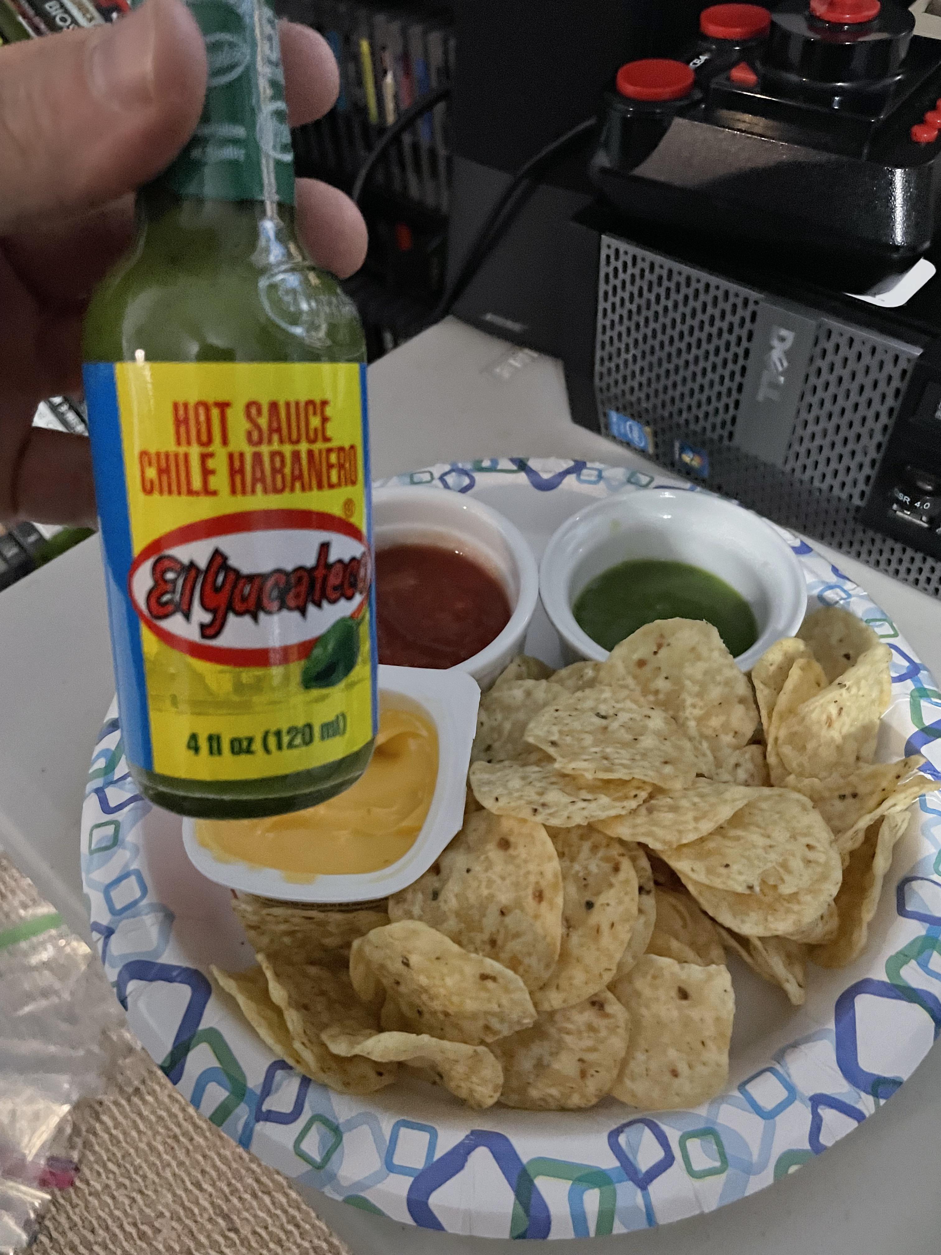 Had myself some spicy El Yucatan green sauce with corn chips for a