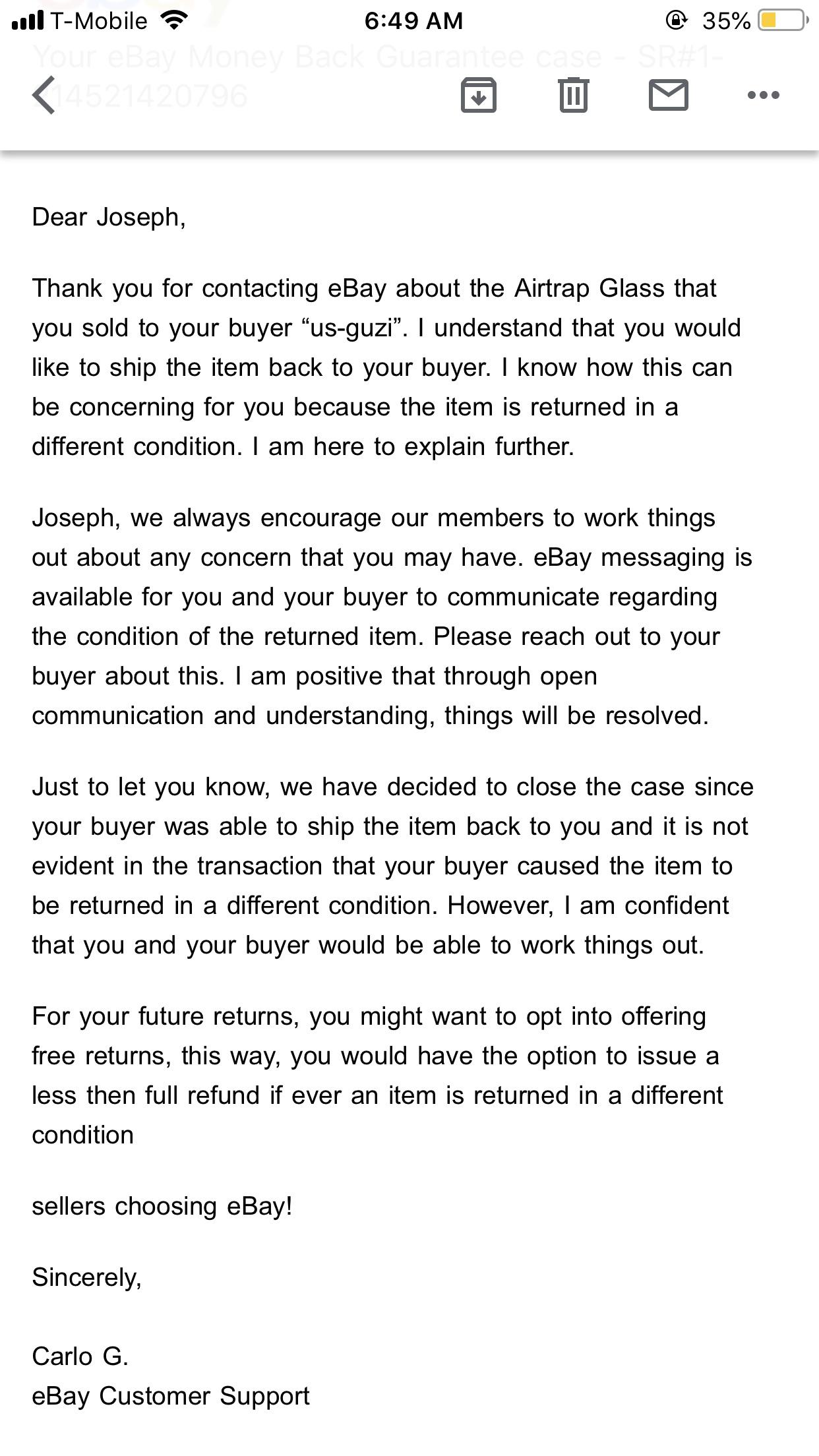 Just got this messages from eBay in response to an appeal to deny a