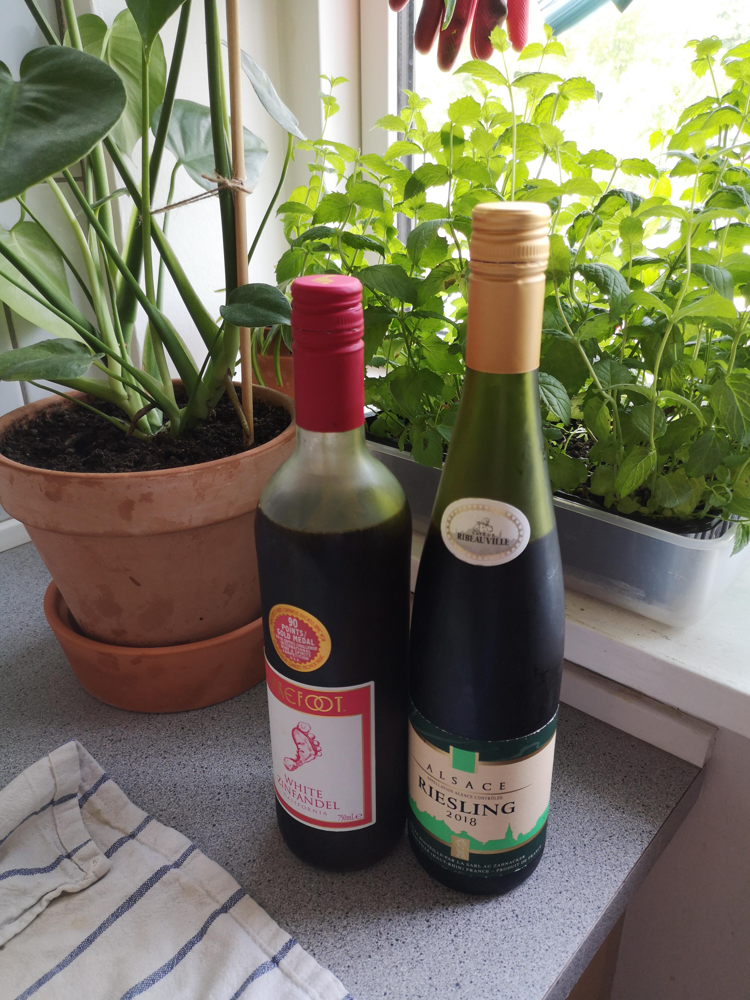 Old wine bottles for storing big batches of cold brew coffee in the