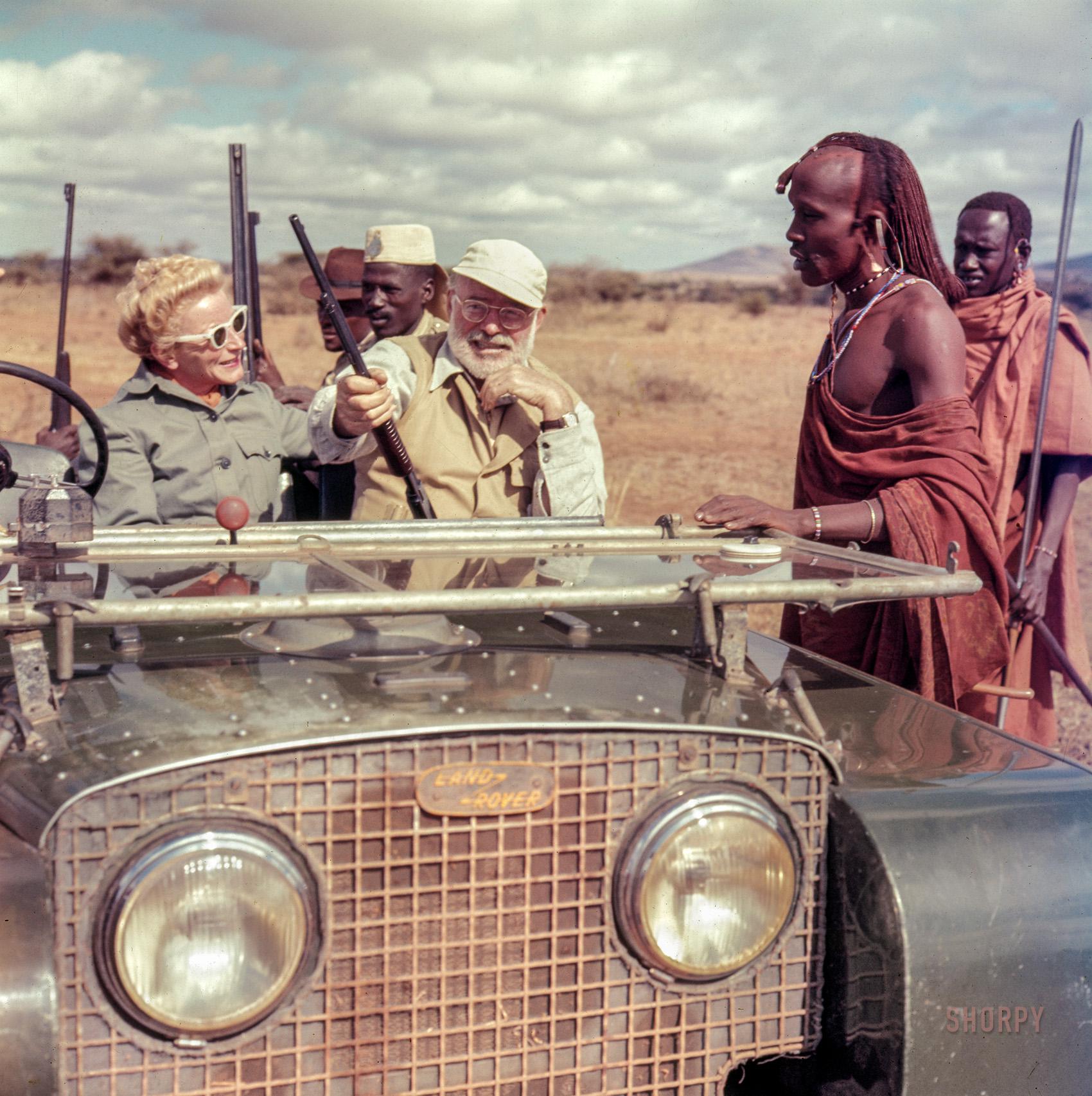 Ernest and Mary Hemingway in Land Rover during safari in Kenya