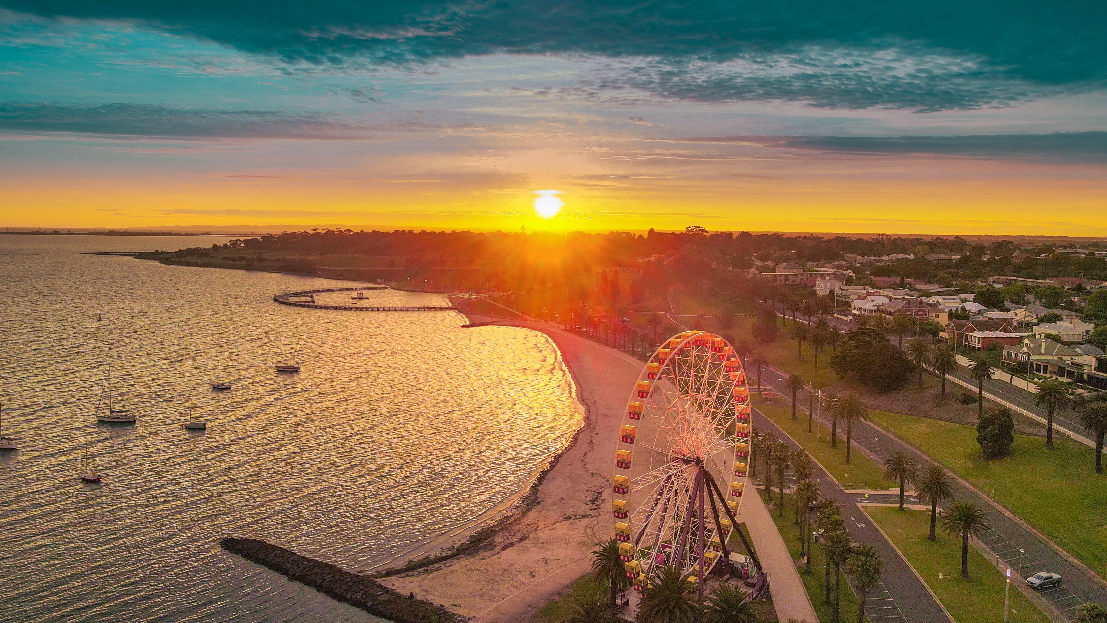 Beautiful aerial view of sunrise captured from geelong waterfront