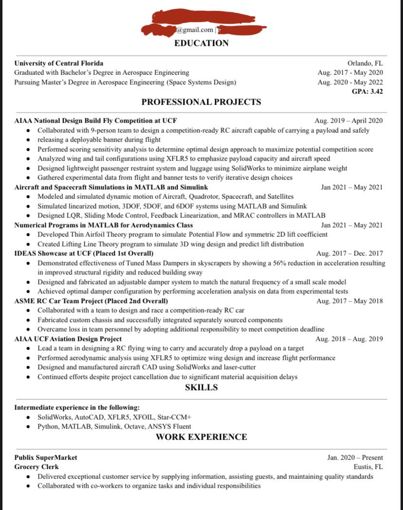 2nd semester Masters Degree Student in Aerospace Engineering. No luck